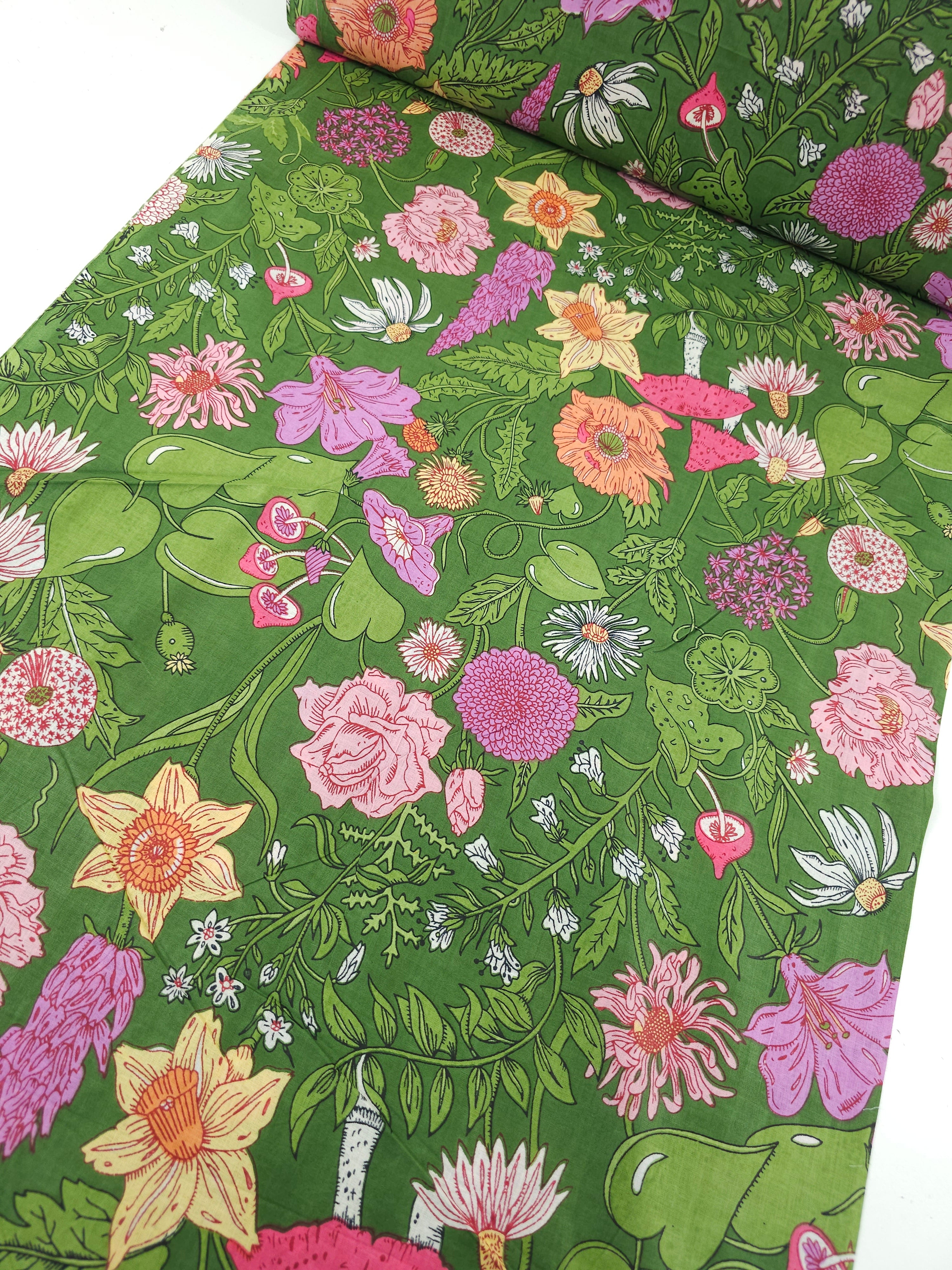 Green Floral Shroom Field Cambric Cotton