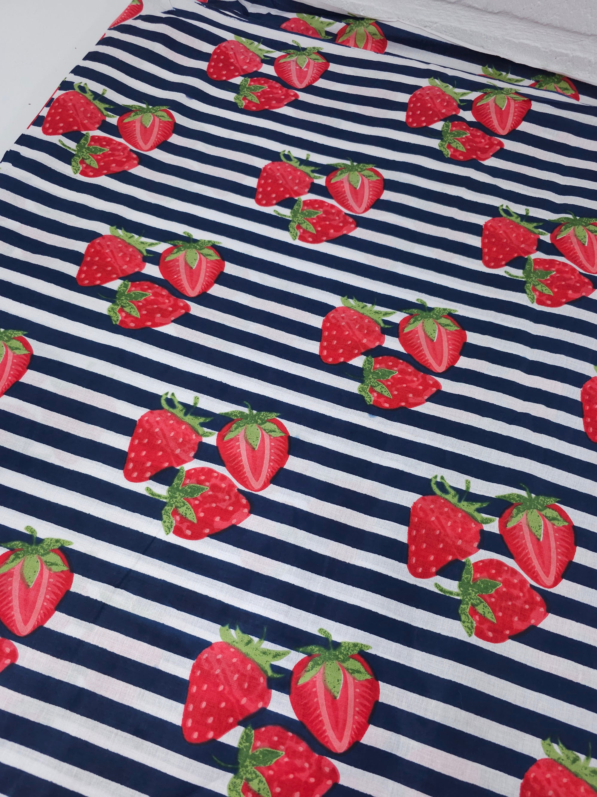 Navy Strawberry Stripe Lightweight Cambric Cotton