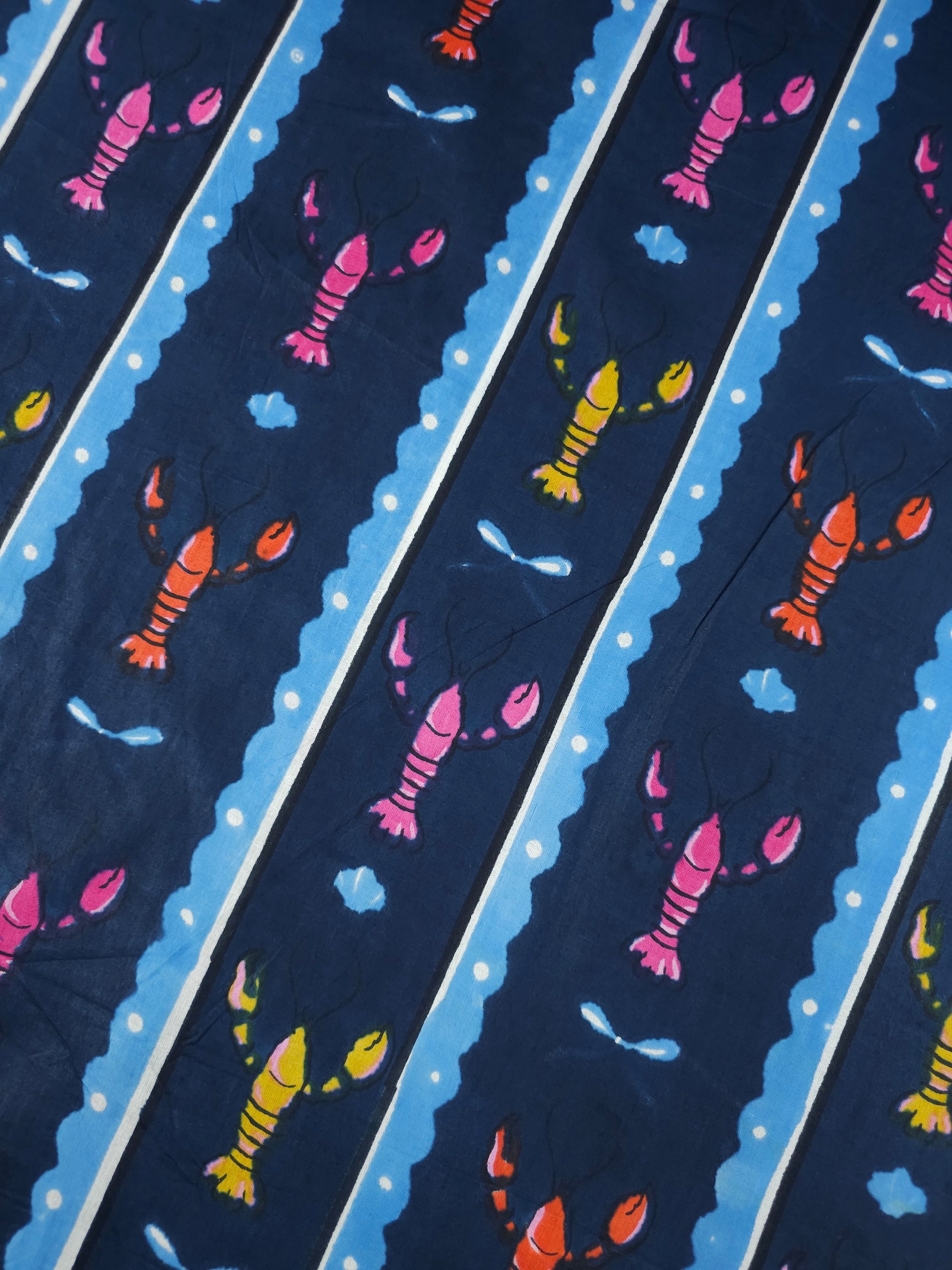 Petrol Navy Lobster Stripe Cambric Cotton