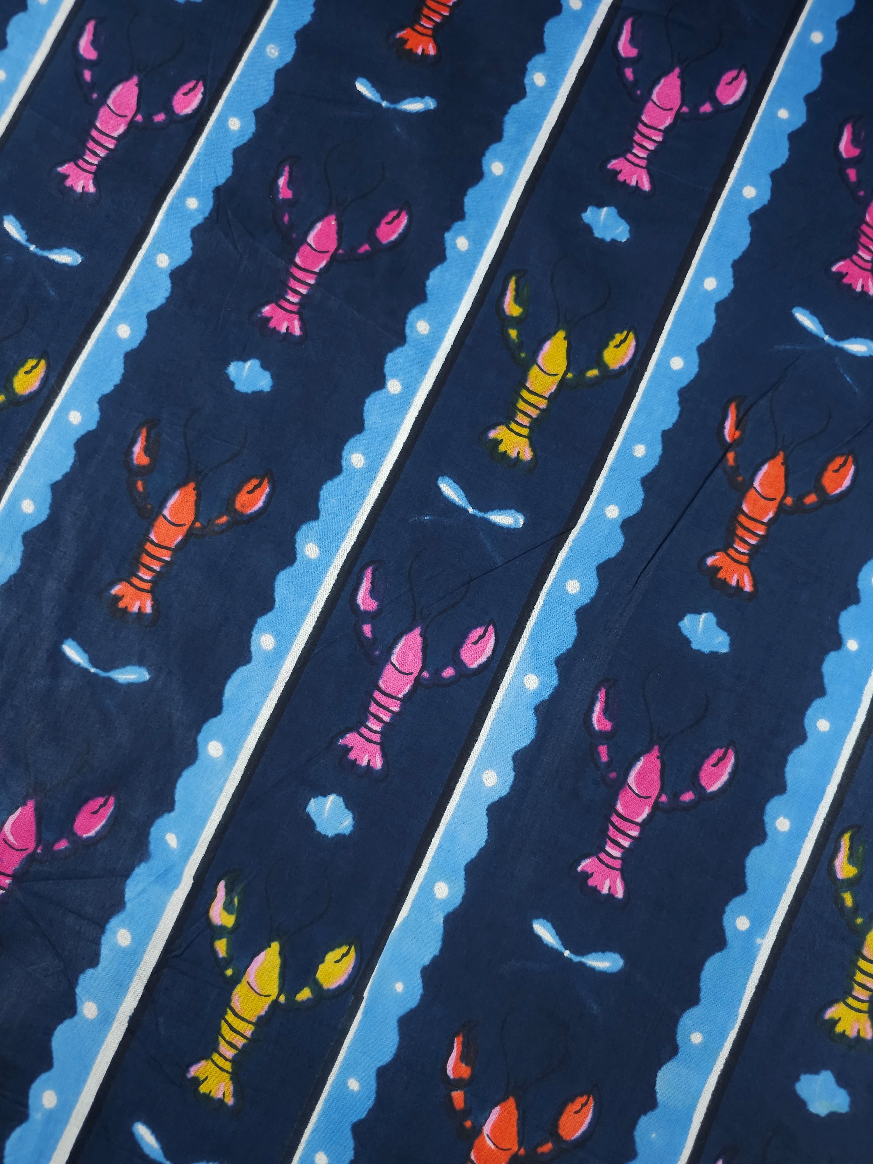 Petrol Navy Lobster Stripe Cambric Cotton