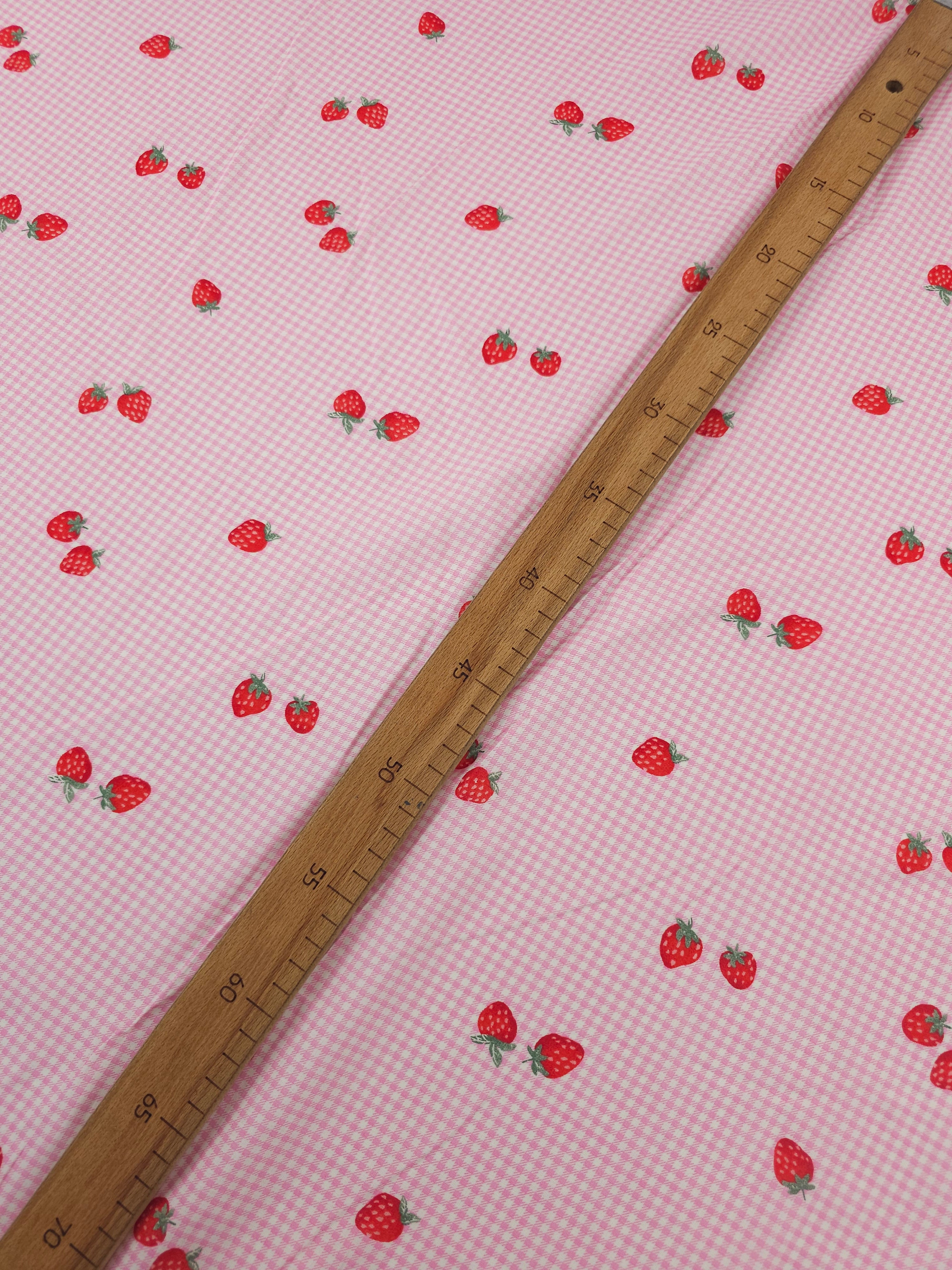 Pink Gingham Floating Strawberry Lightweight Cotton
