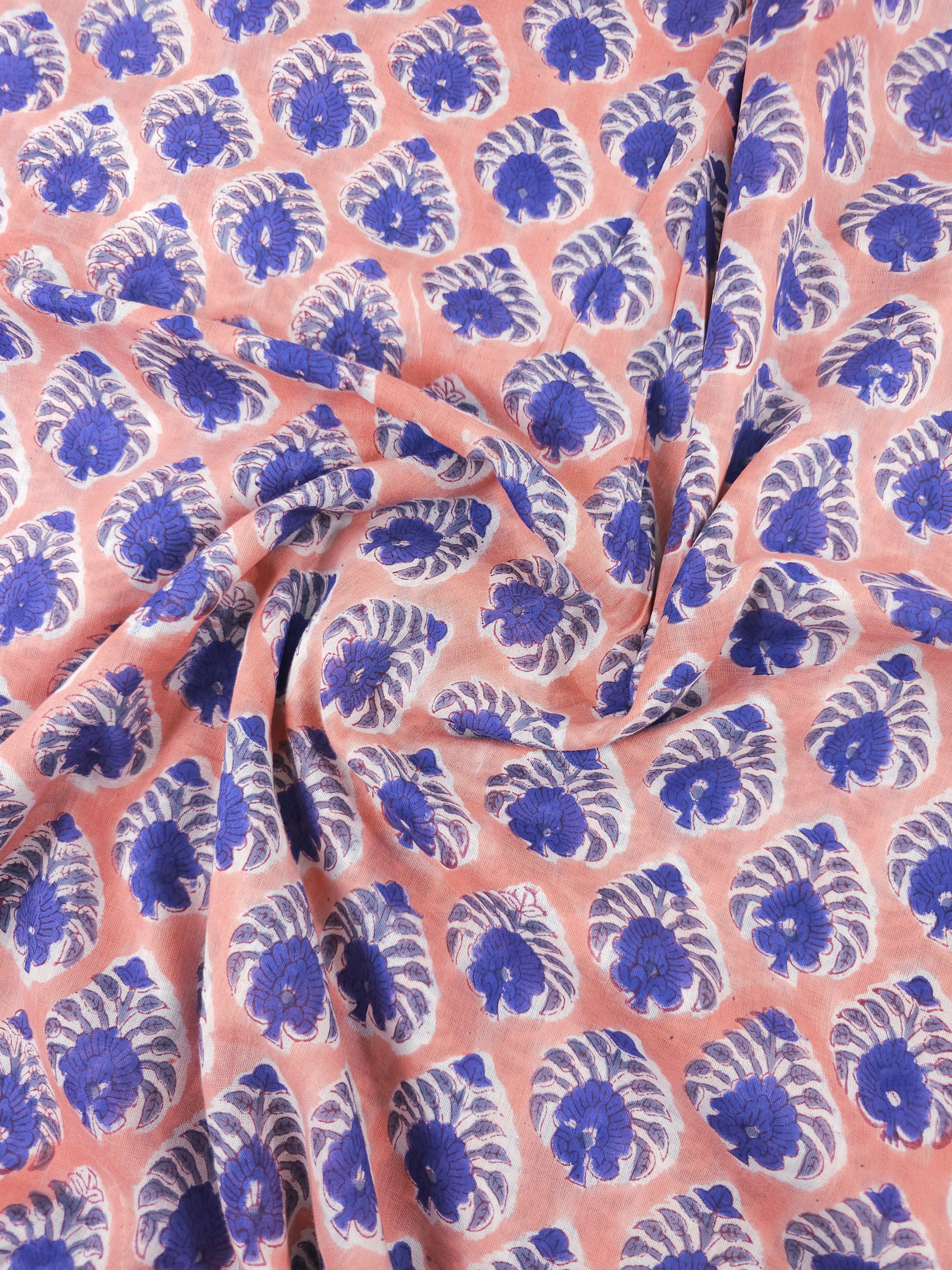 Peach/Blue Palm Floral Block Print Cotton