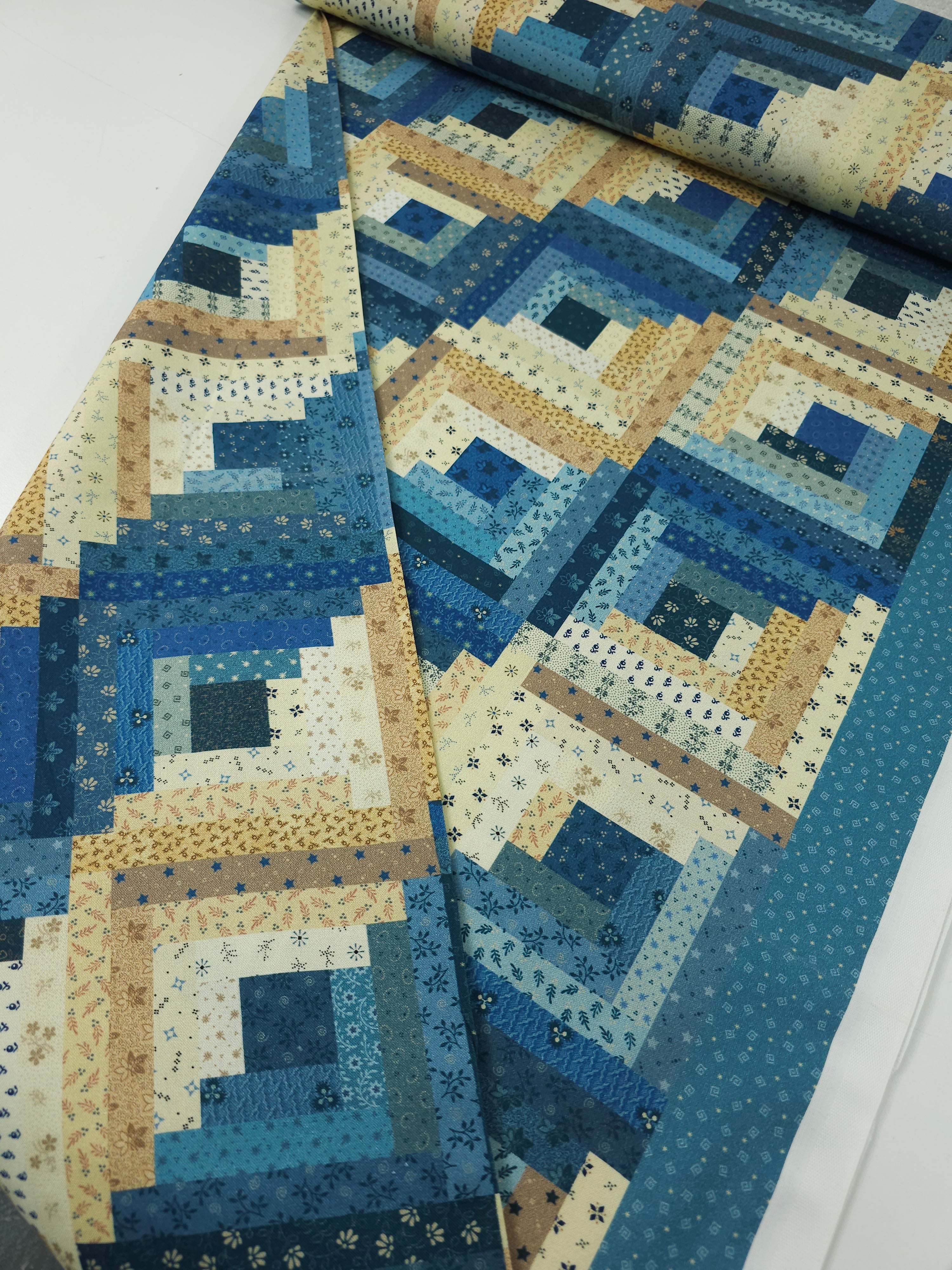 Blue/Cream Muted Patchwork 100% Cotton