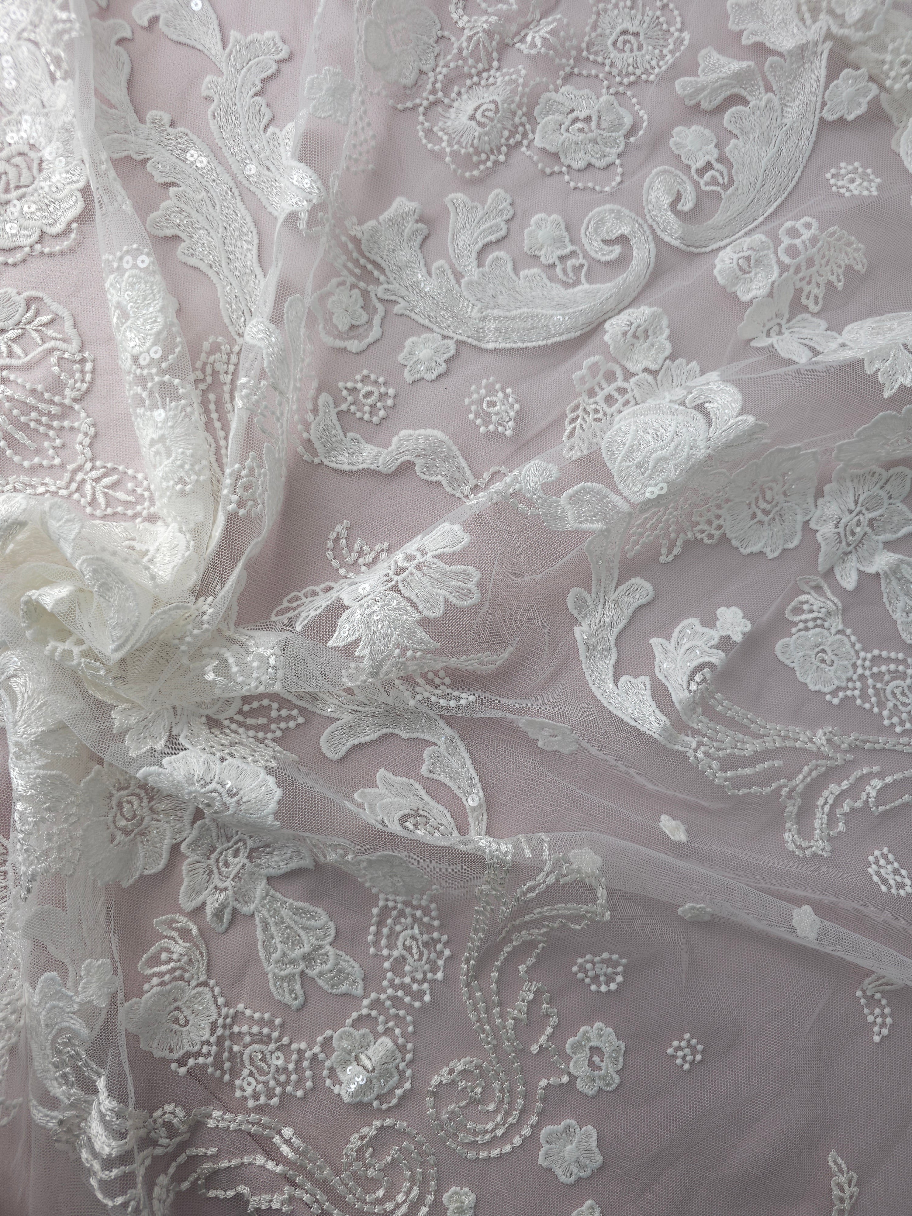 *Laura* White Embroidered Sequin Floral Lace