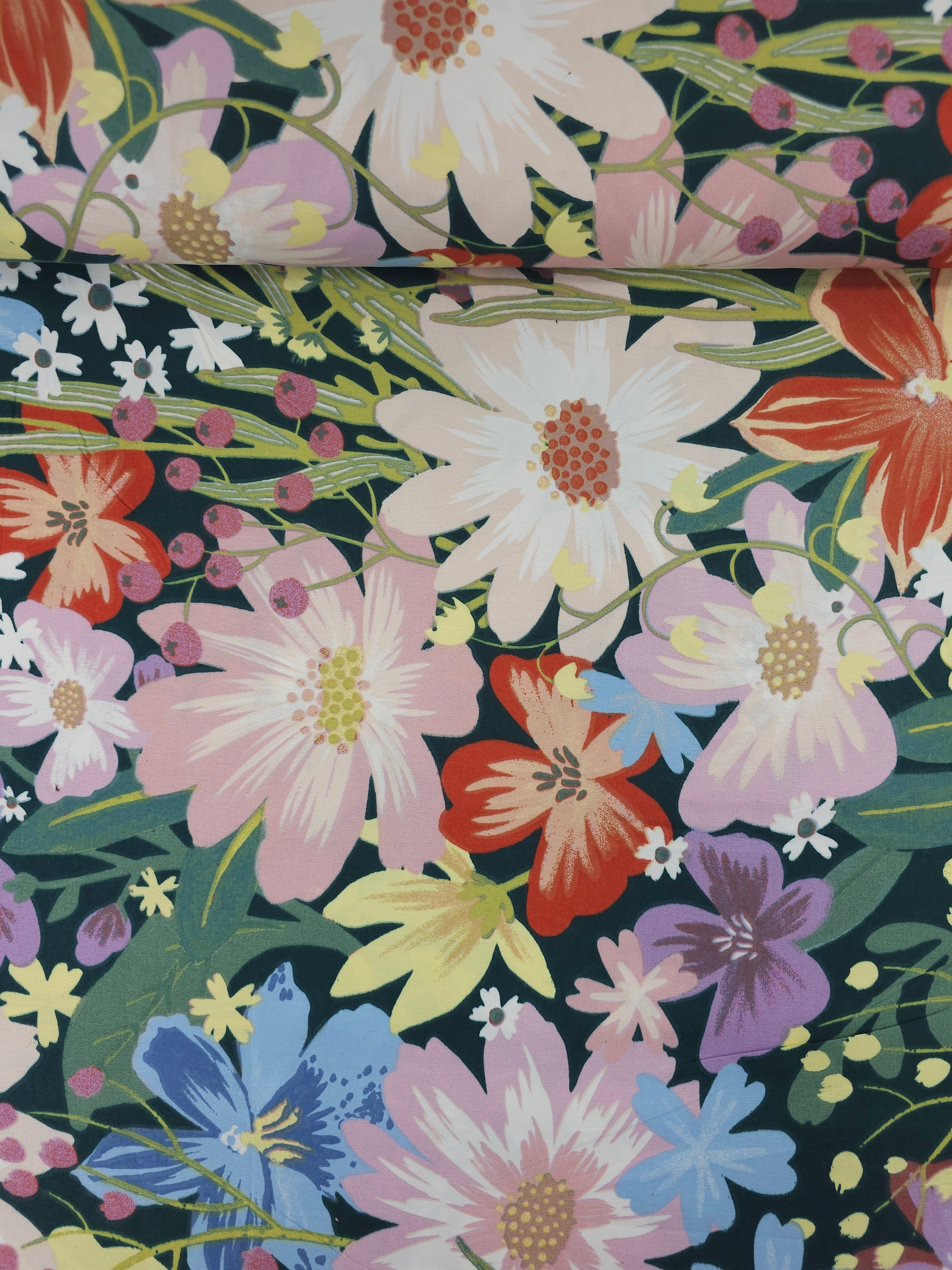 Bottle Green Large Meadow Floral 100% Cotton 98"