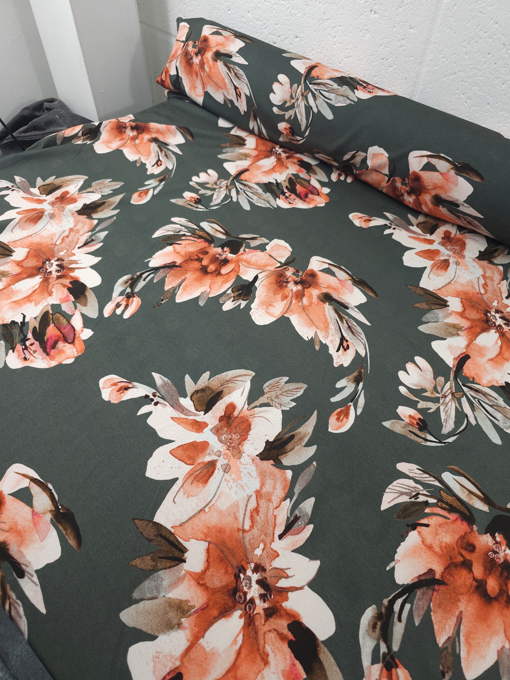 Pine/Rust Retro Watercolour Floral Lightweight Cotton Loopback