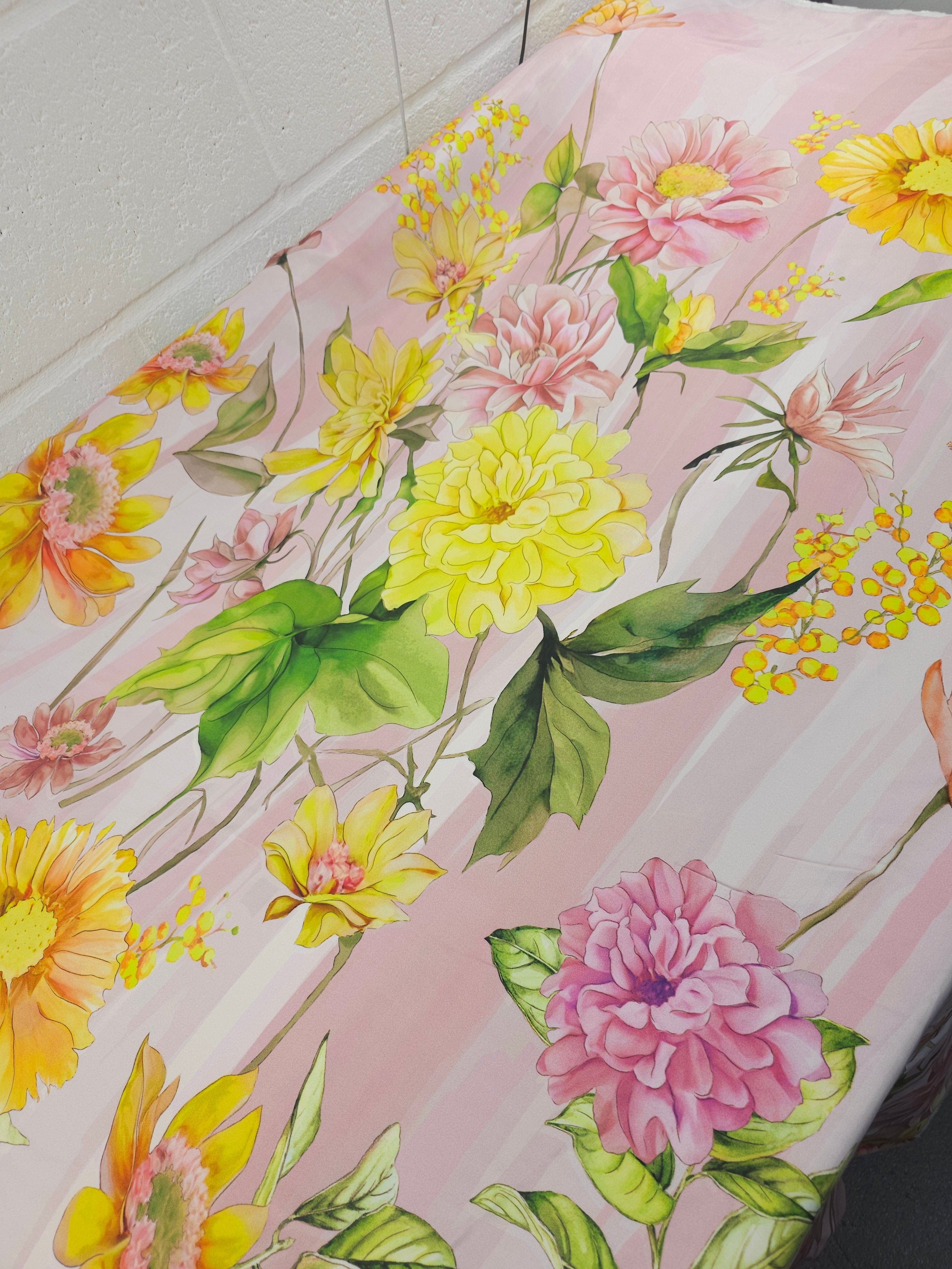 Pink/Yellow Large Flower Twines Viscose Satin
