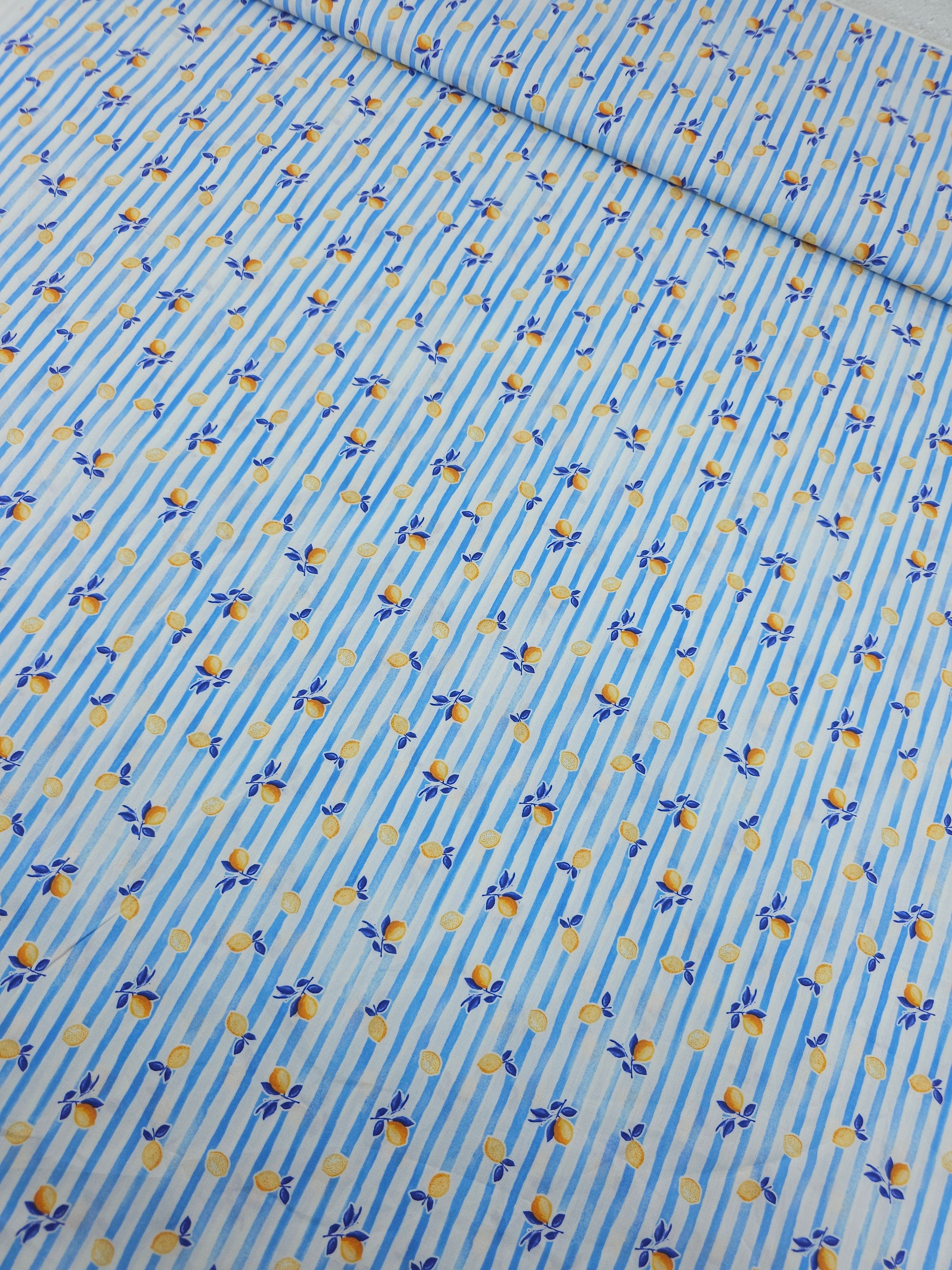 Blue Mini Ditsy Lemon Stripe Lightweight Cotton 60"