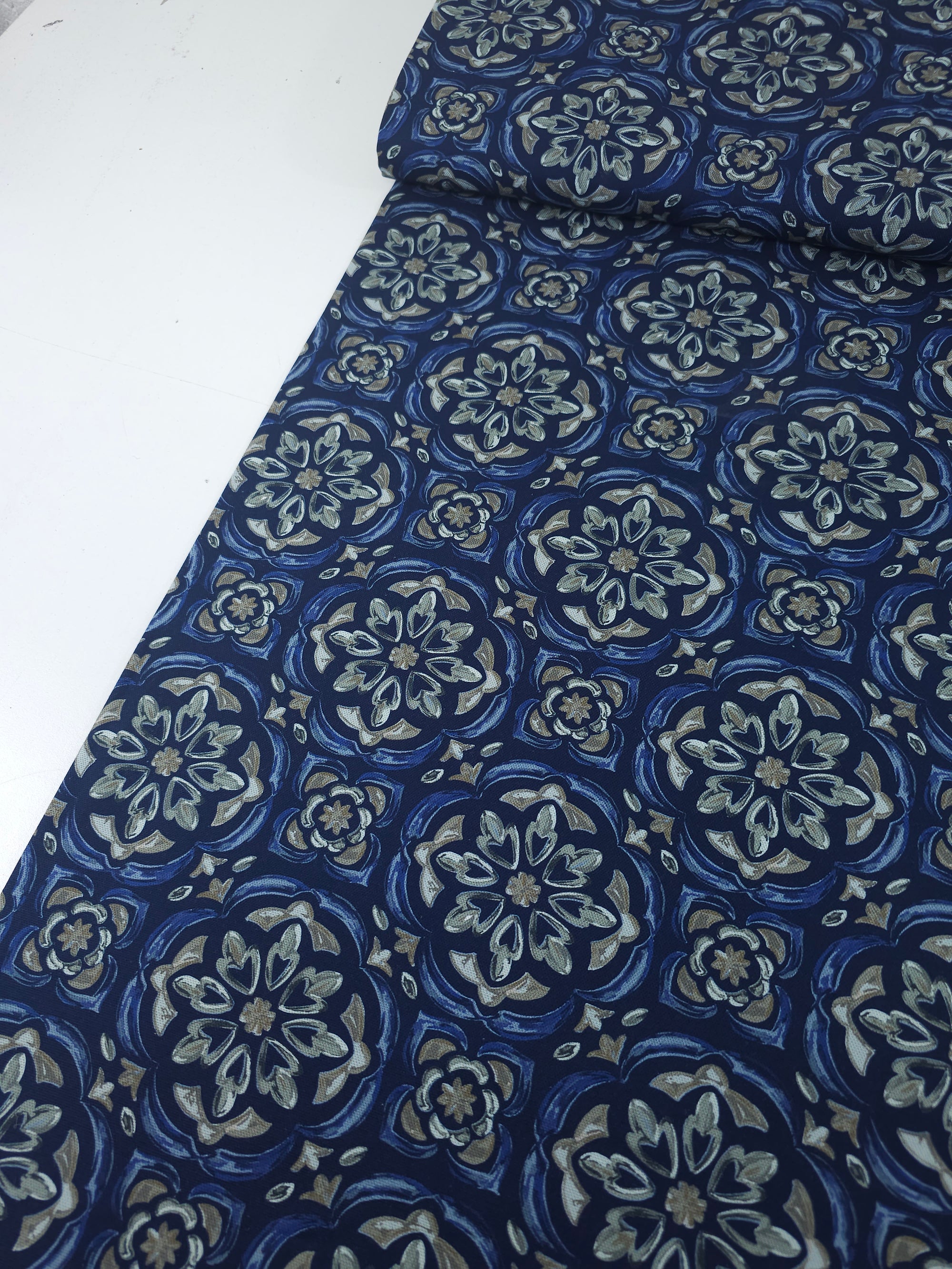 Navy Blue Tile Medallion Canvas Cotton