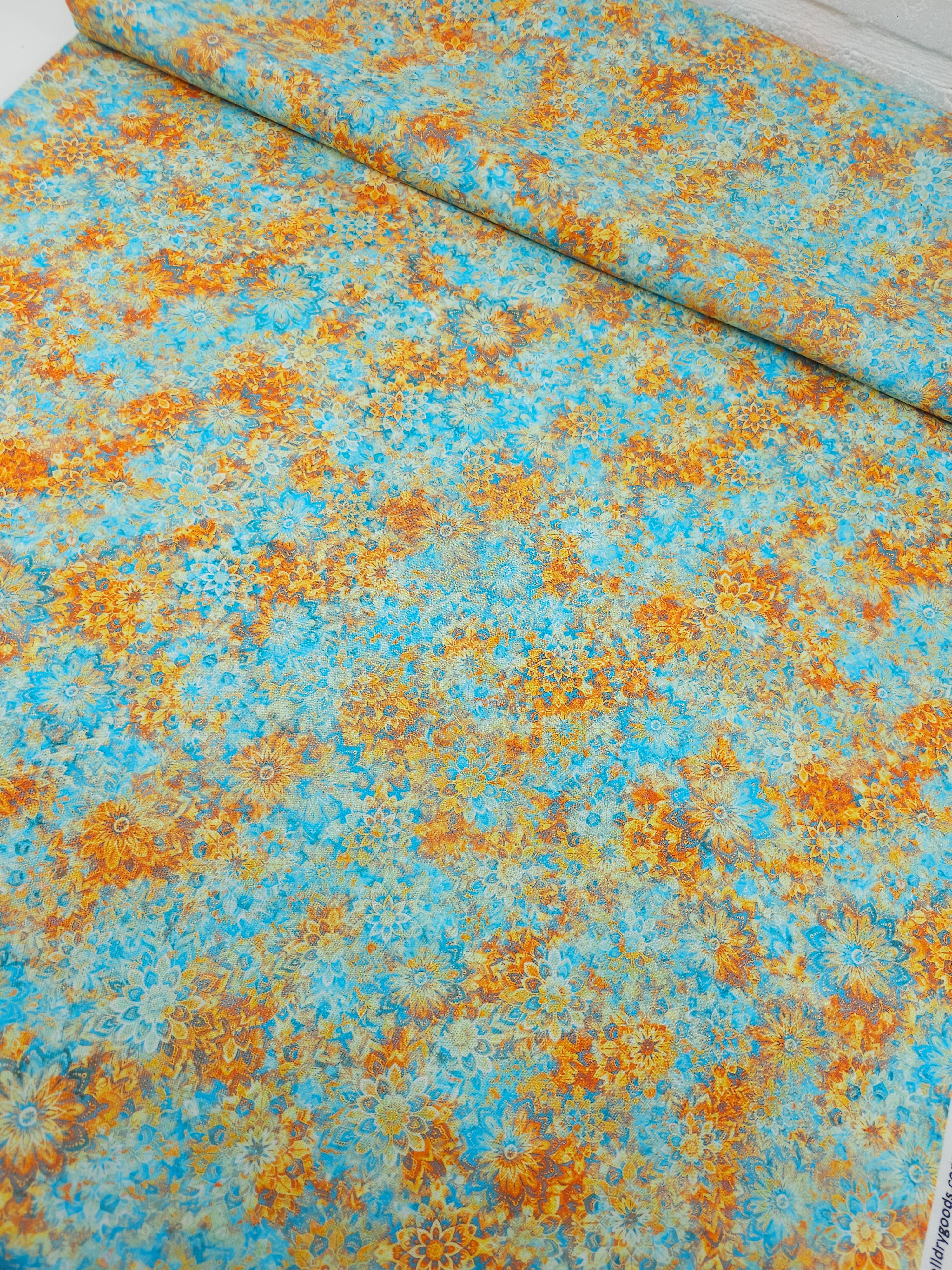 Light Blue/Orange Dancing Dahlias Kaleidoscope 100% Cotton 106" *EXTRA WIDE*
