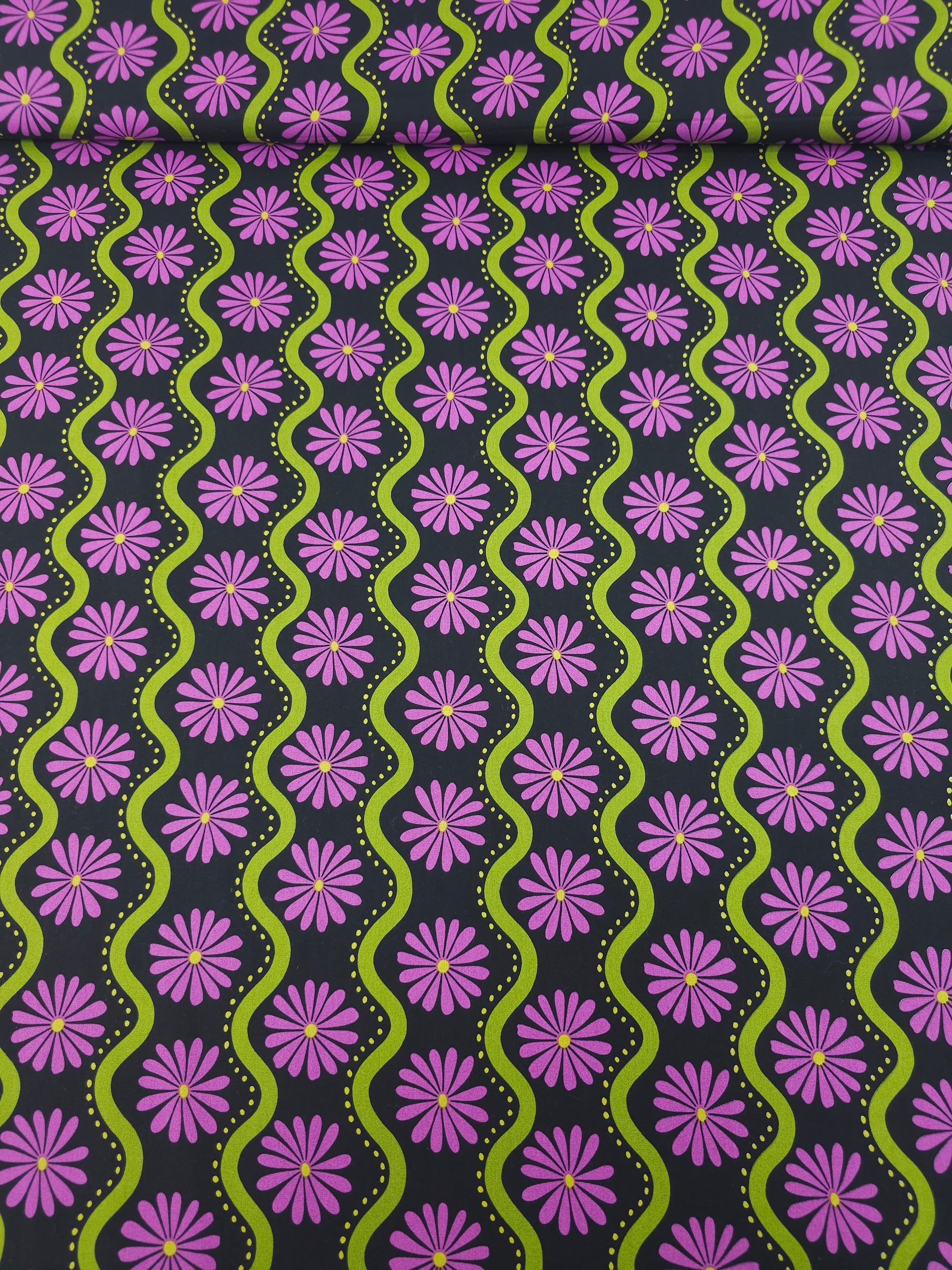 Purple/Olive Wavy Floral Stripe Cotton Viscose 57"