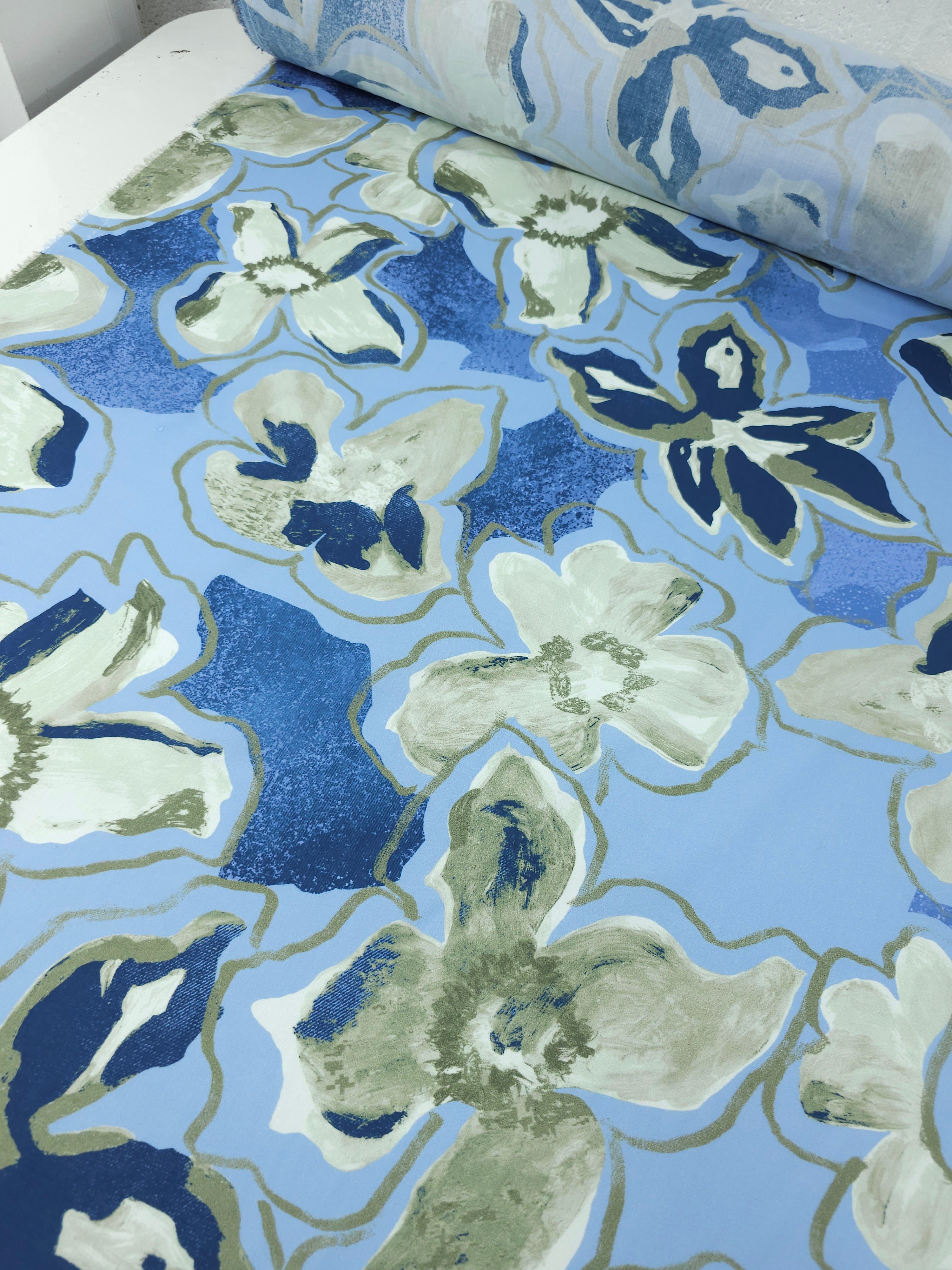 Blue/Sage Watercolour Floral Lightweight Cotton