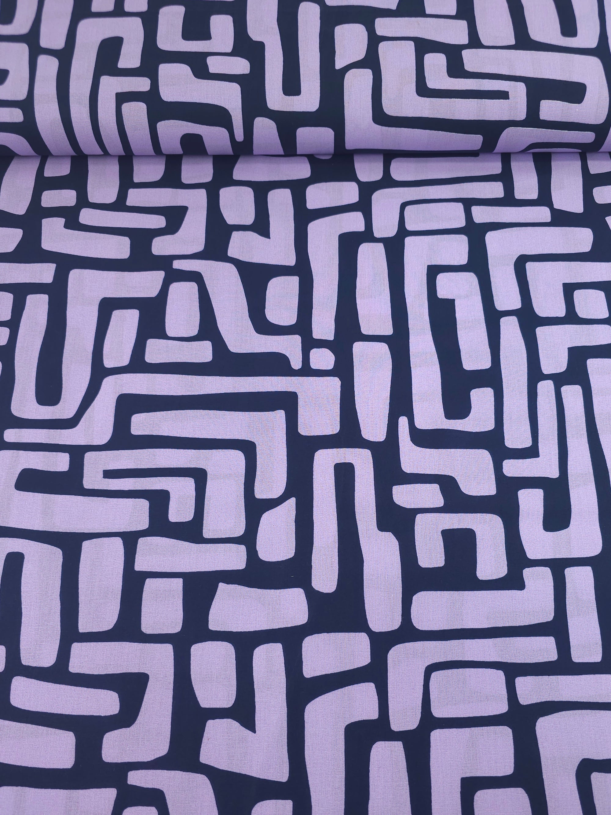Lilac/Navy Abstract Maze Coated Cotton 60"