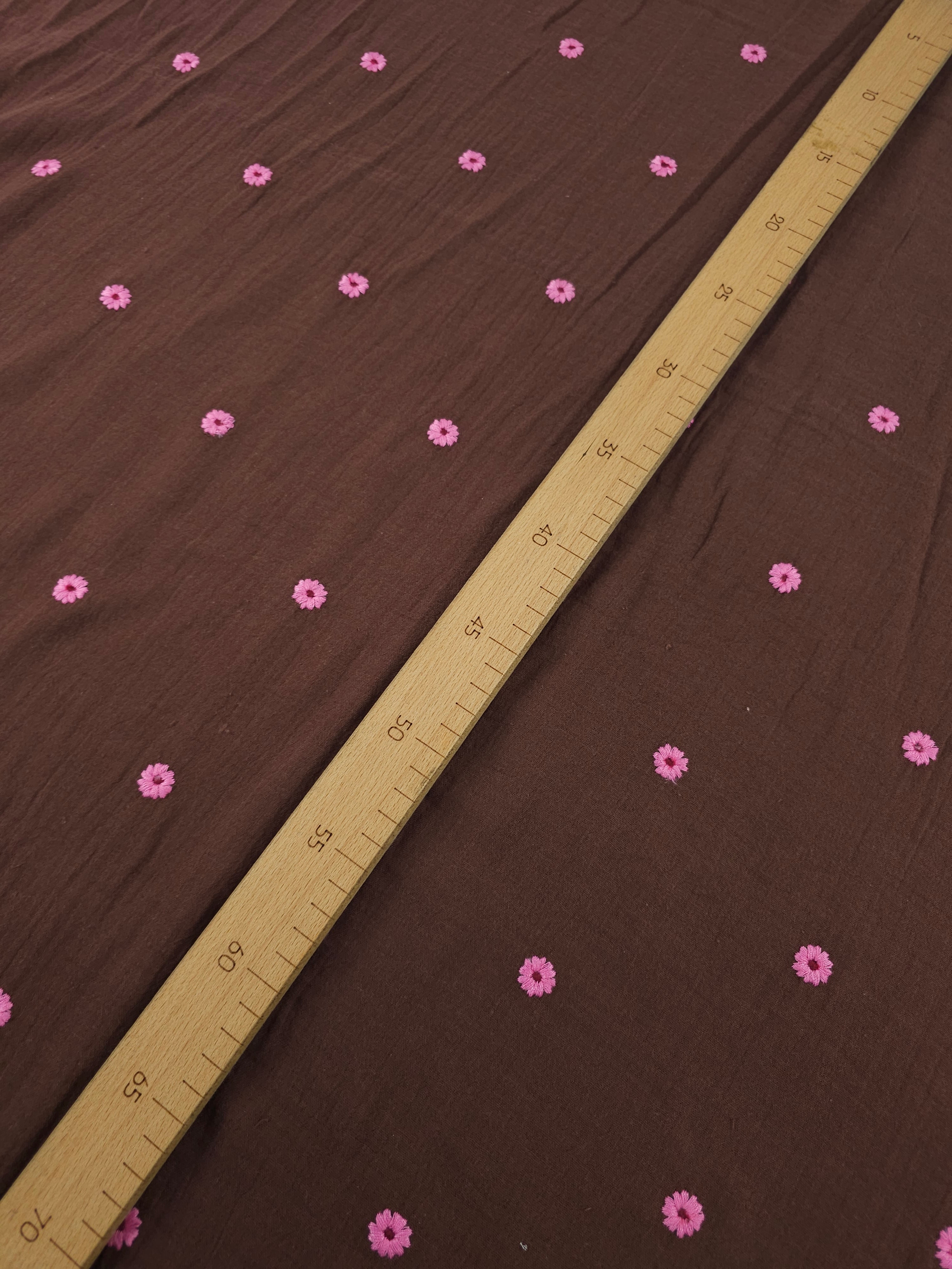 Brown/Fuchsia Daisy Double Gauze Broderie Anglaise