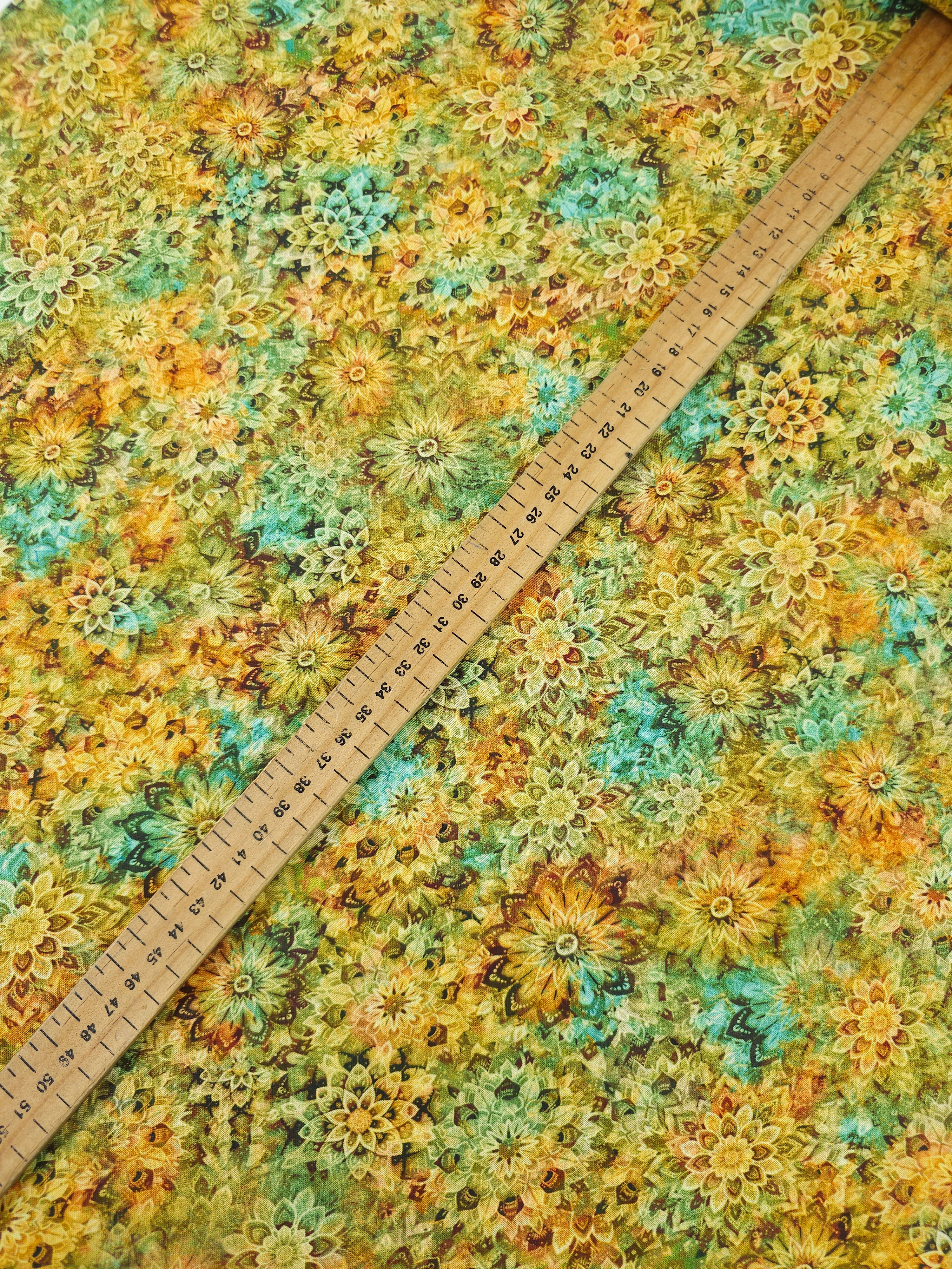 Marigold/Turquoise Dancing Dahlias Kaleidoscope 100% Cotton 108" *EXTRA WIDE*