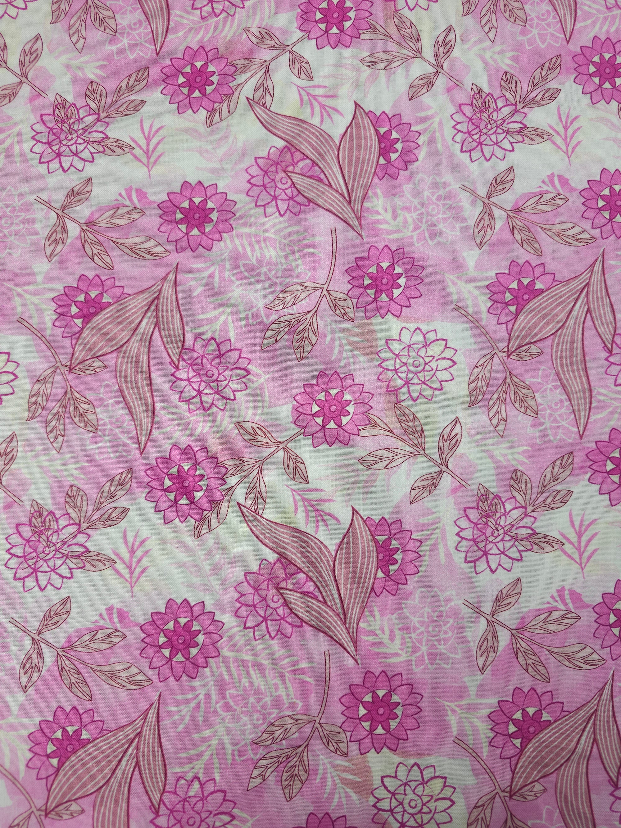 Pink Puff Leaf Floral 100% Cotton