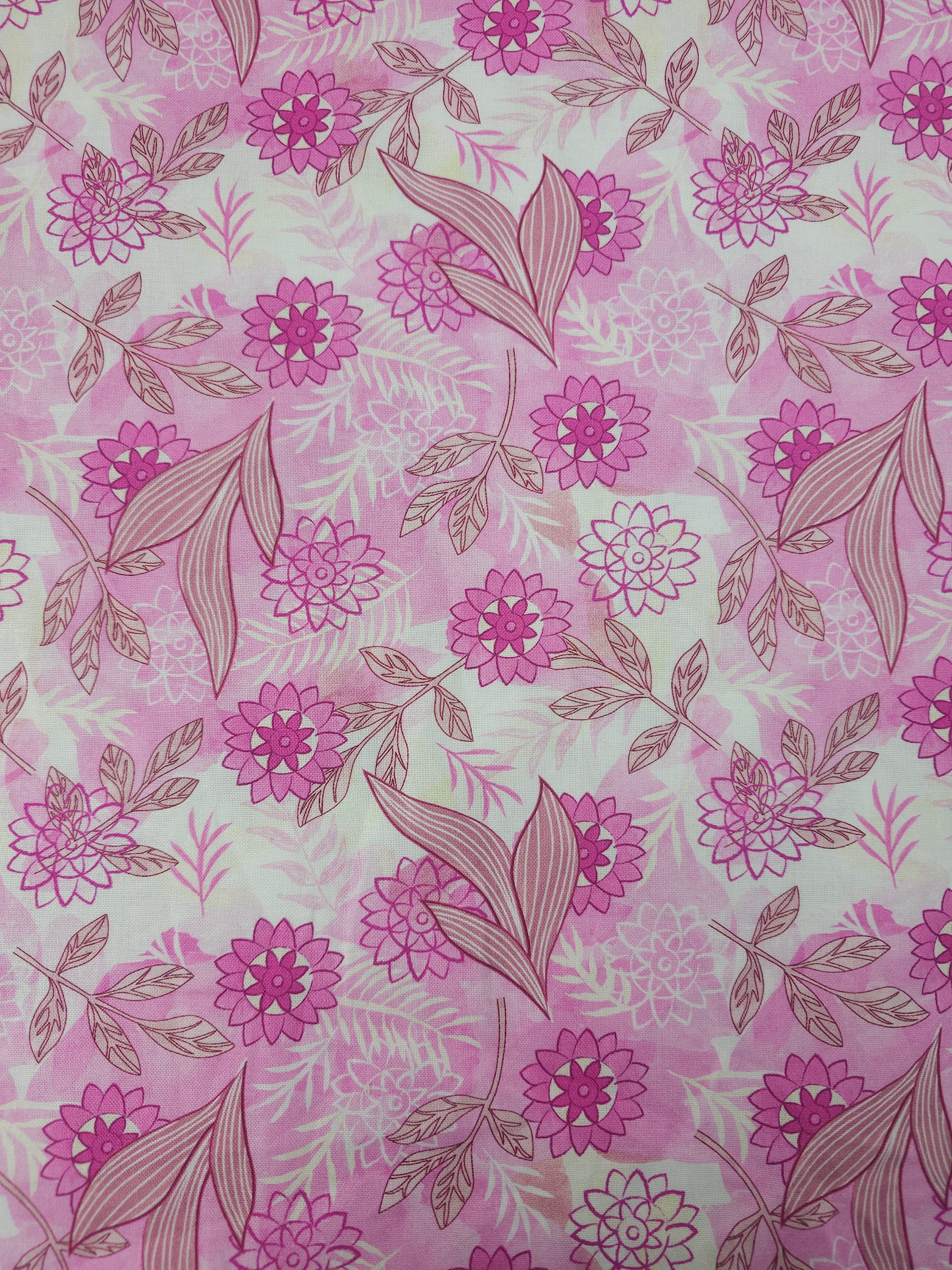 Pink Puff Leaf Floral 100% Cotton