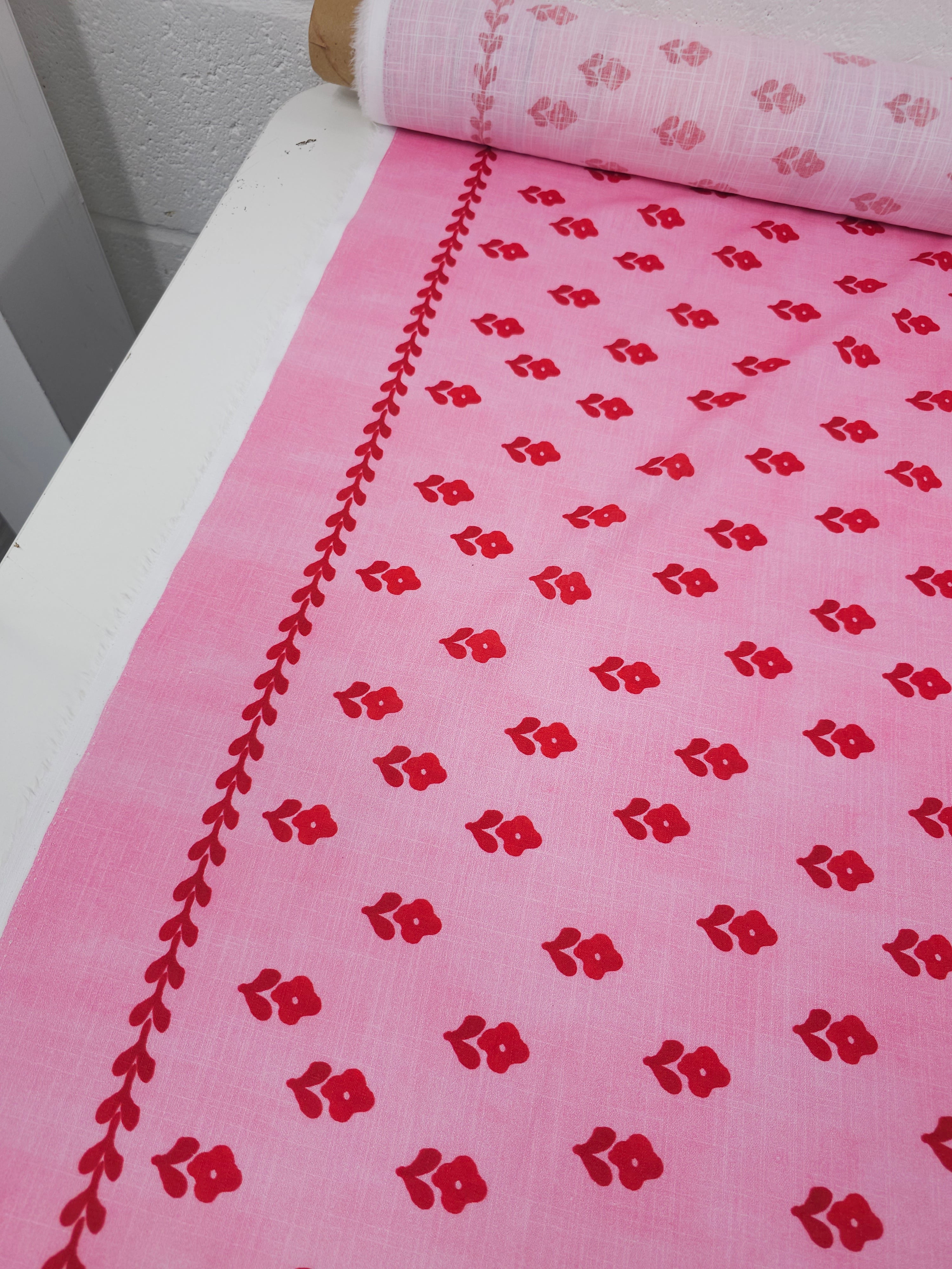 Pink/Red Washed Ditsy Floral Linen Look Cotton