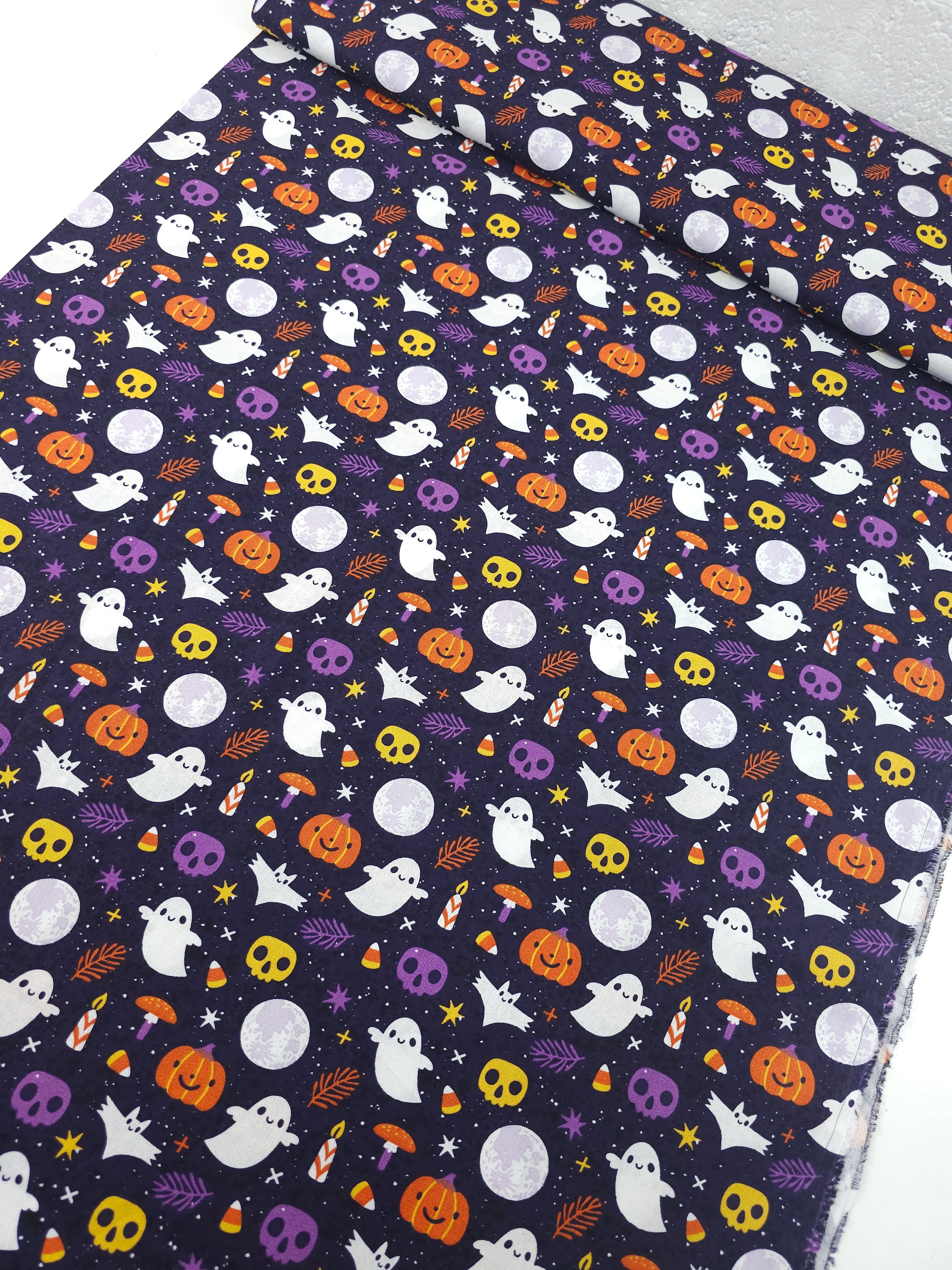 Purple Happy Ghosts And Pumpkins 100% Cotton