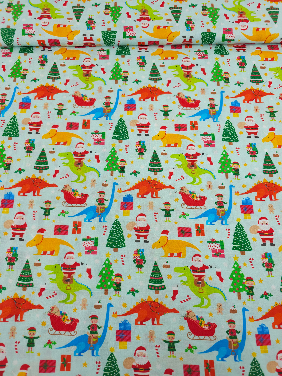 Light Blue Dino Santa Christmas 100% Cotton
