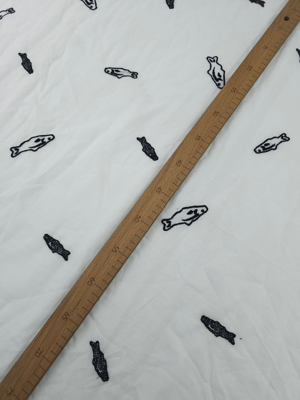 White/Black Embroidered Fish Cotton Voile