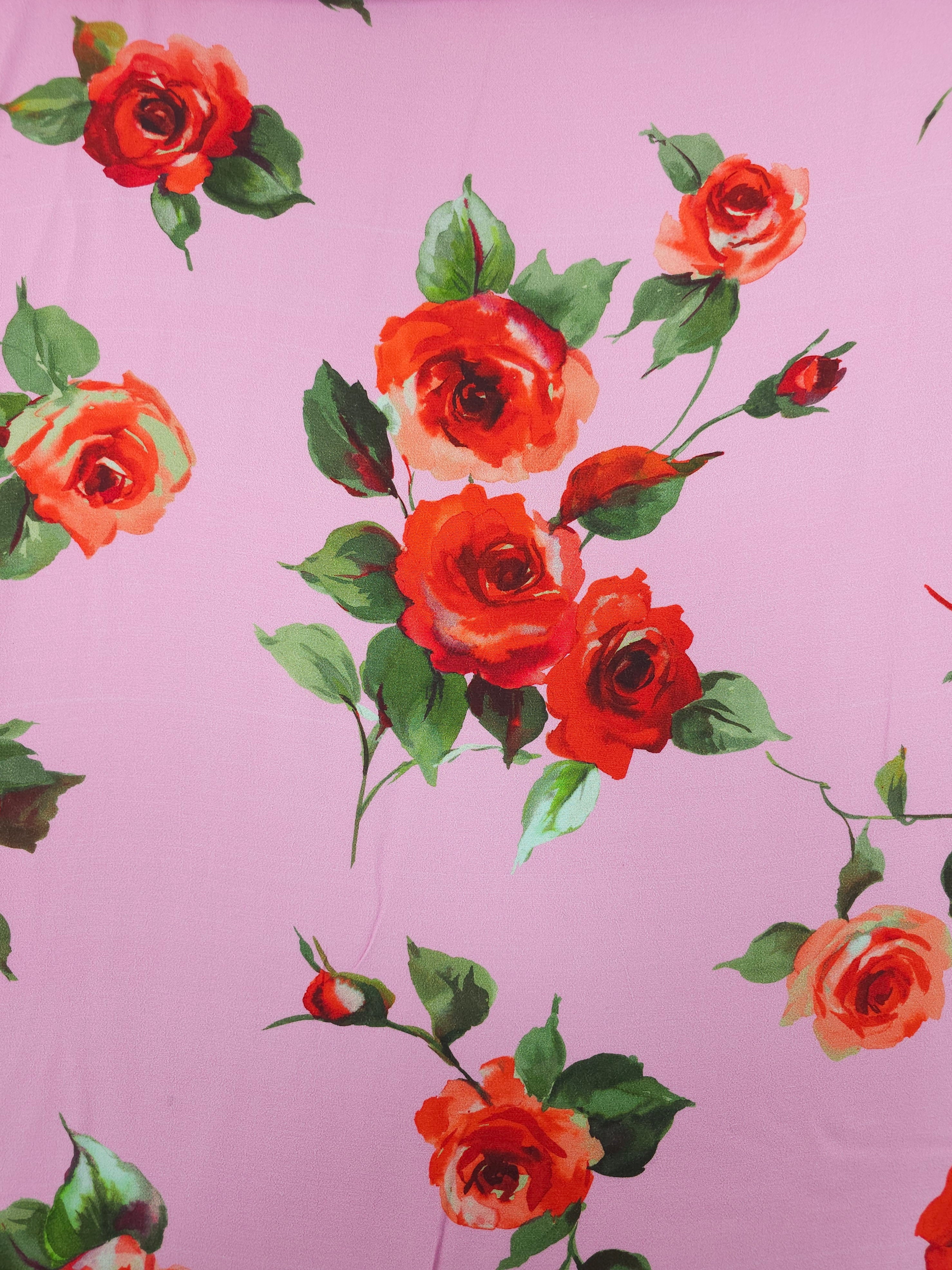 Pink/Red Rose Bunch Viscose Crepe