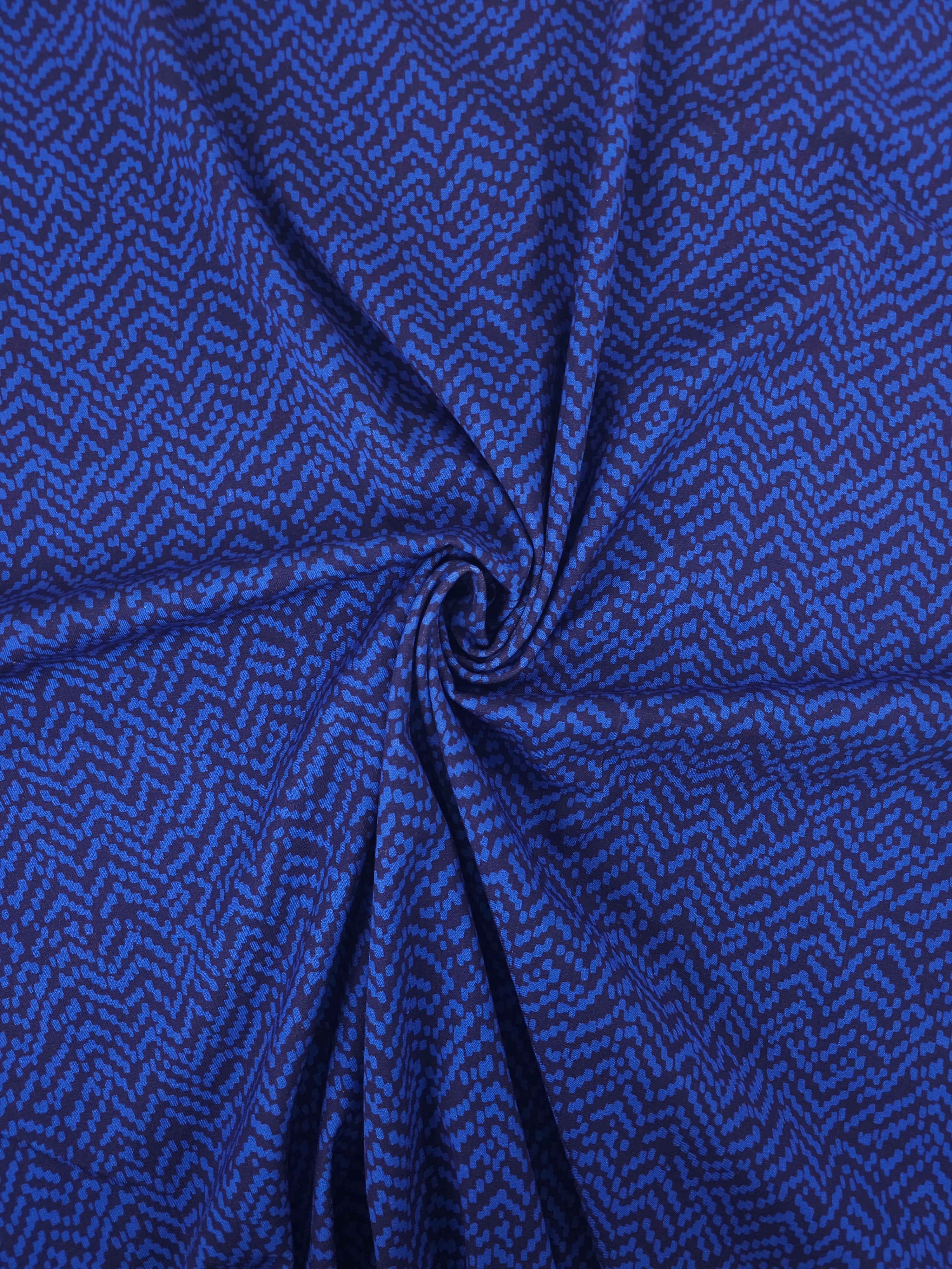 Blue/Navy Abstract ZigZag Brushed Cotton Twill
