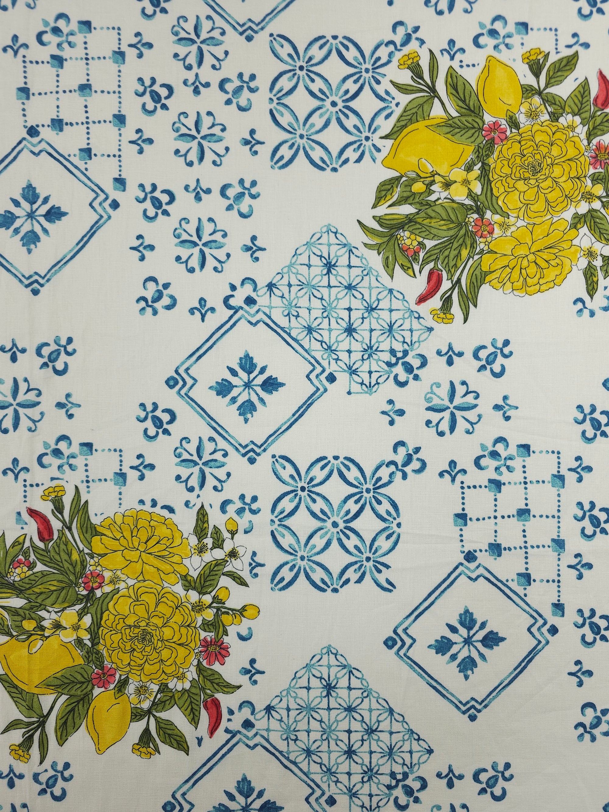 Blue Fantasia Lemon Floral Cotton Linen