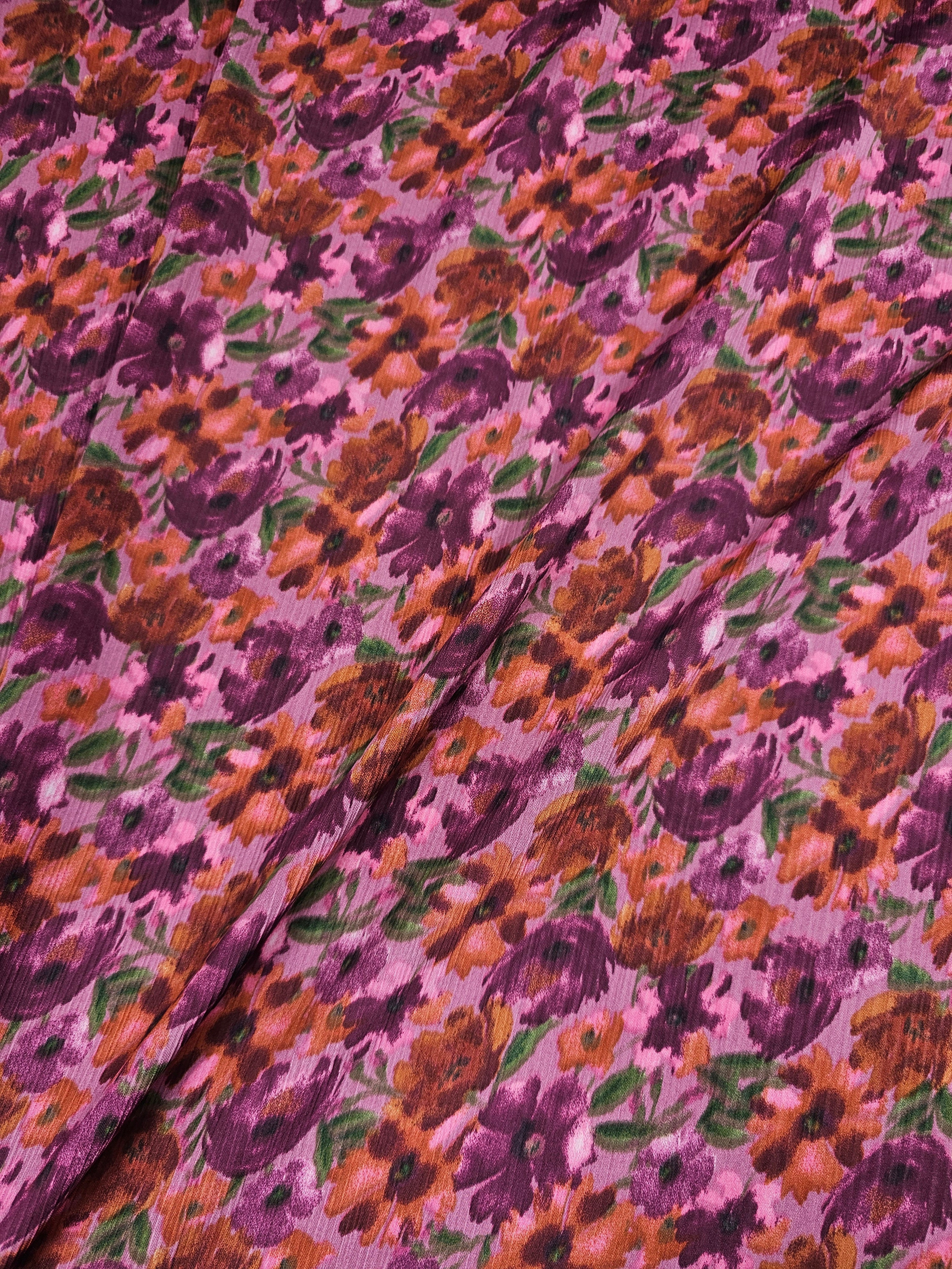 Pinky Purple/Rustic Orange Floral Crinkle Satin