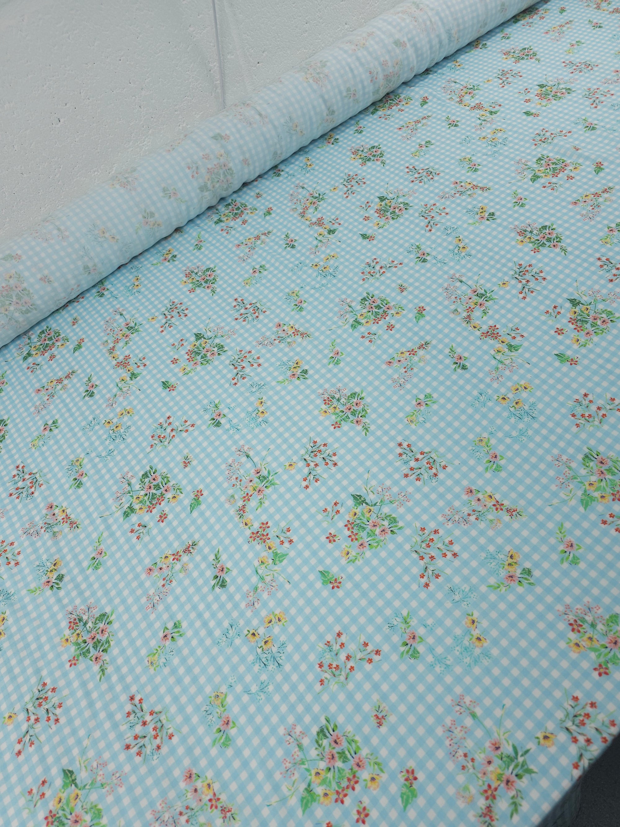 Light Blue Floral Bunch Gingham Viscose Challis