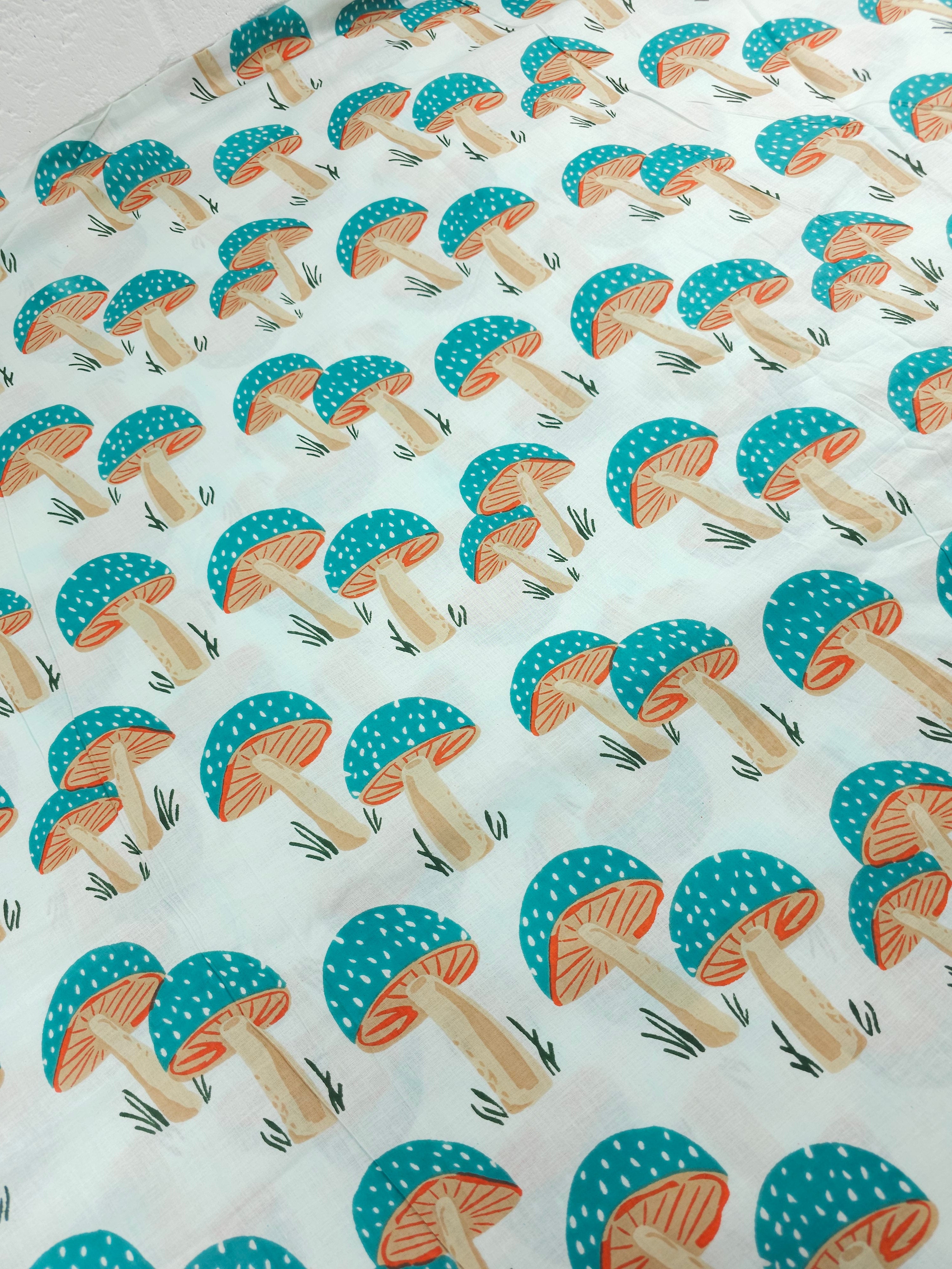 Light Teal Mushroom Block Print Cotton