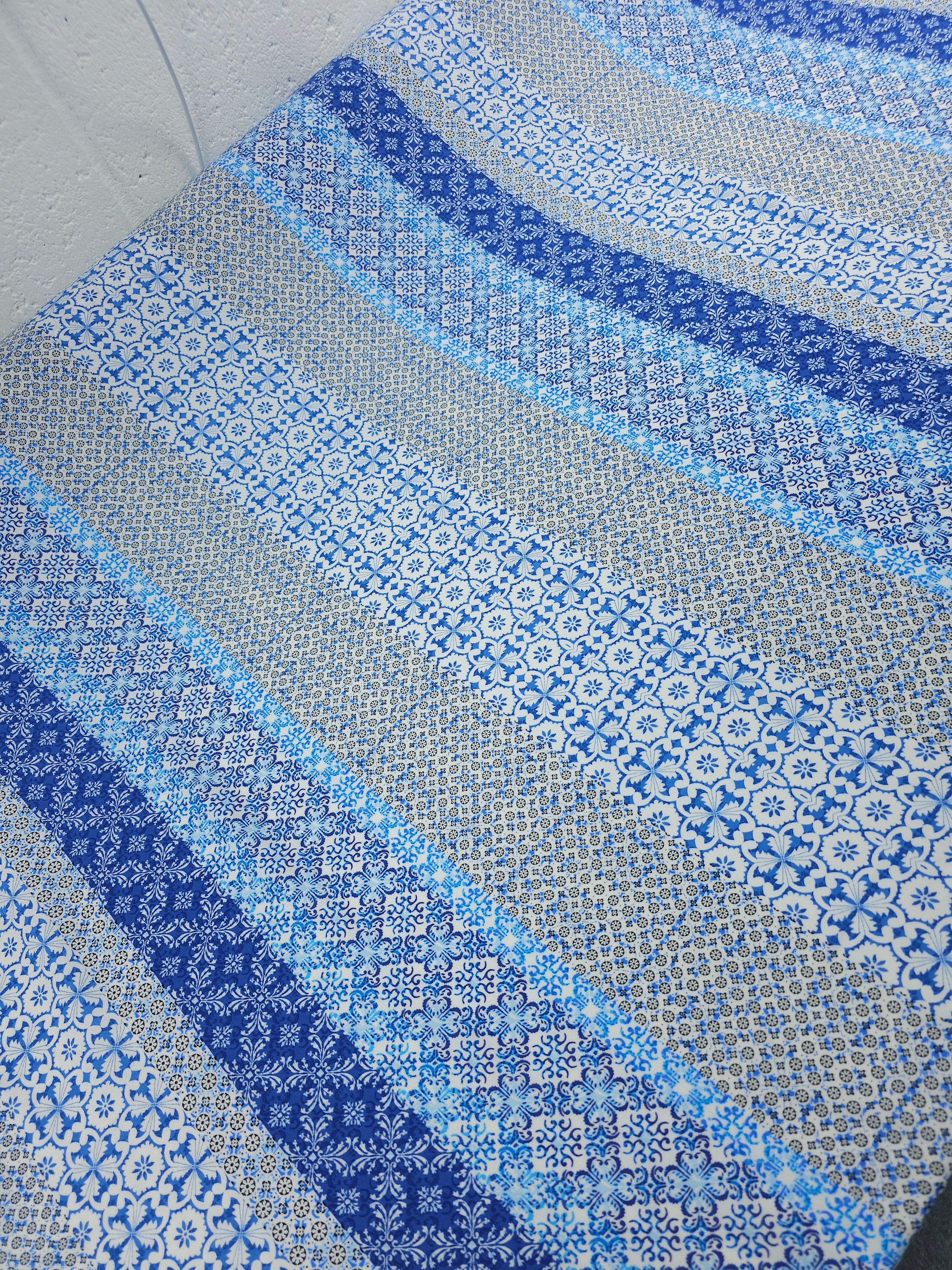 Blue Greek Tile Stripe Viscose Challis