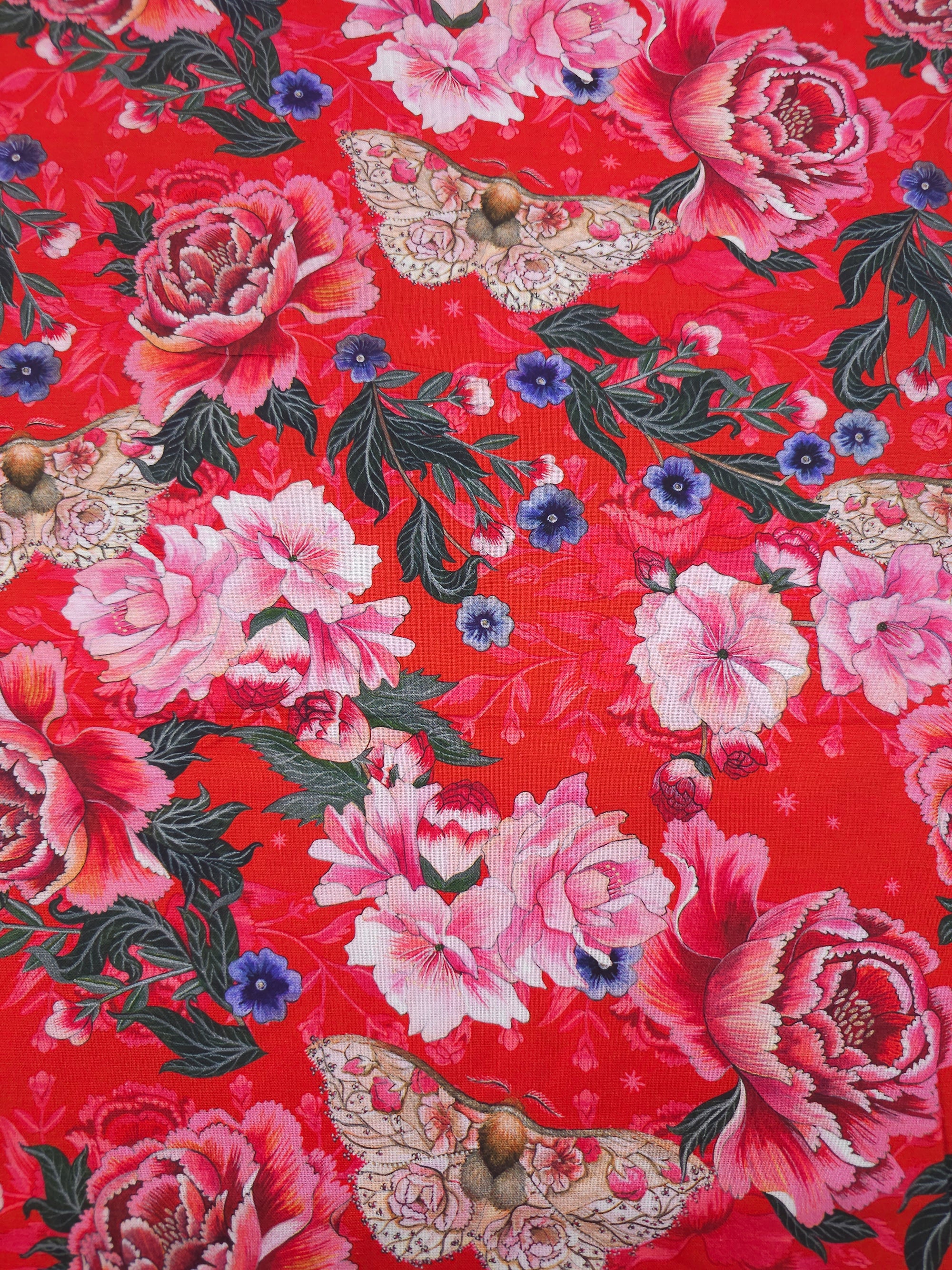 Pink/Red Floral Blossom Moth 100% Cotton - Free Spirit