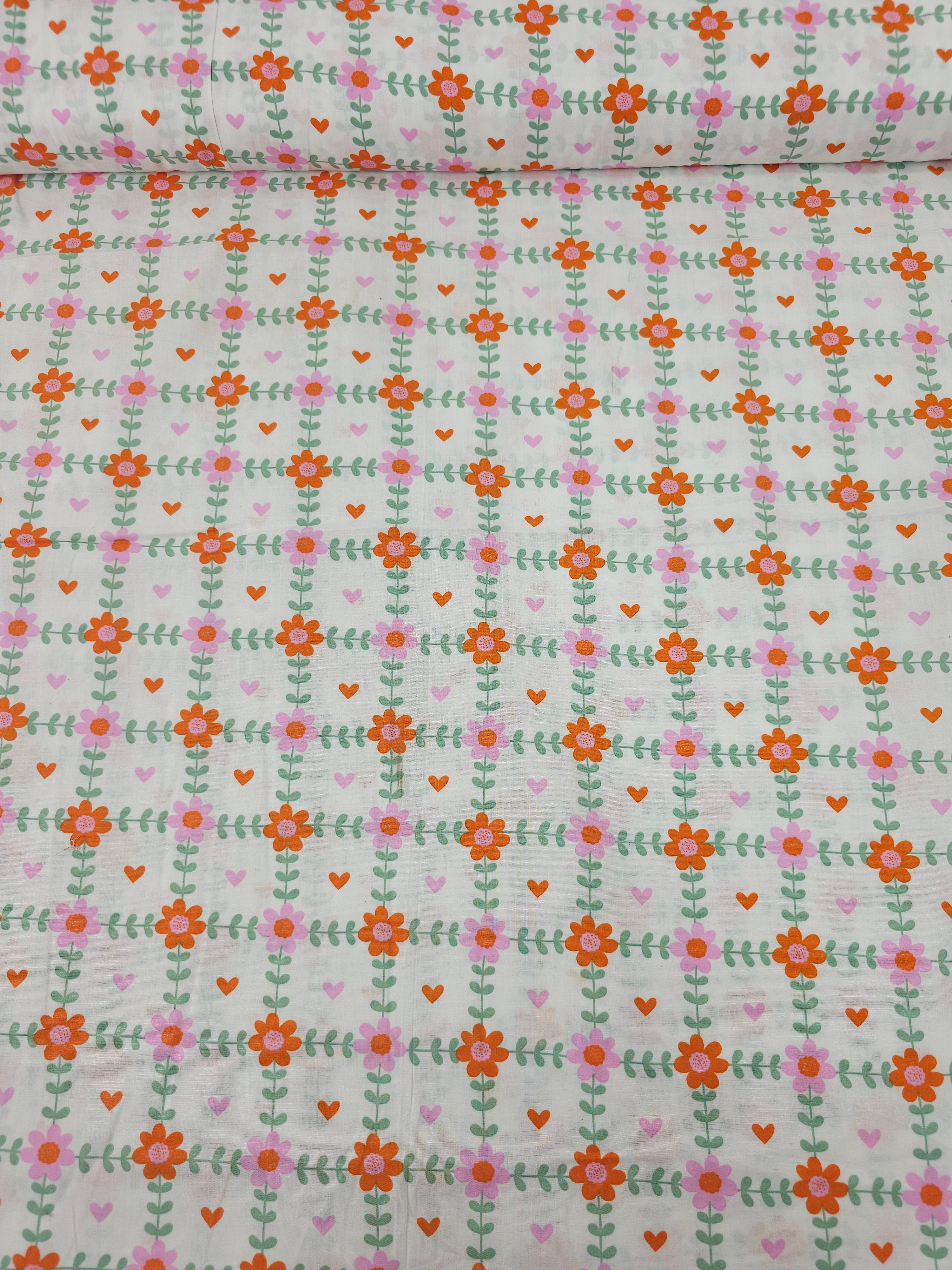 White Floral Grid Hearts Lightweight Cotton 60"