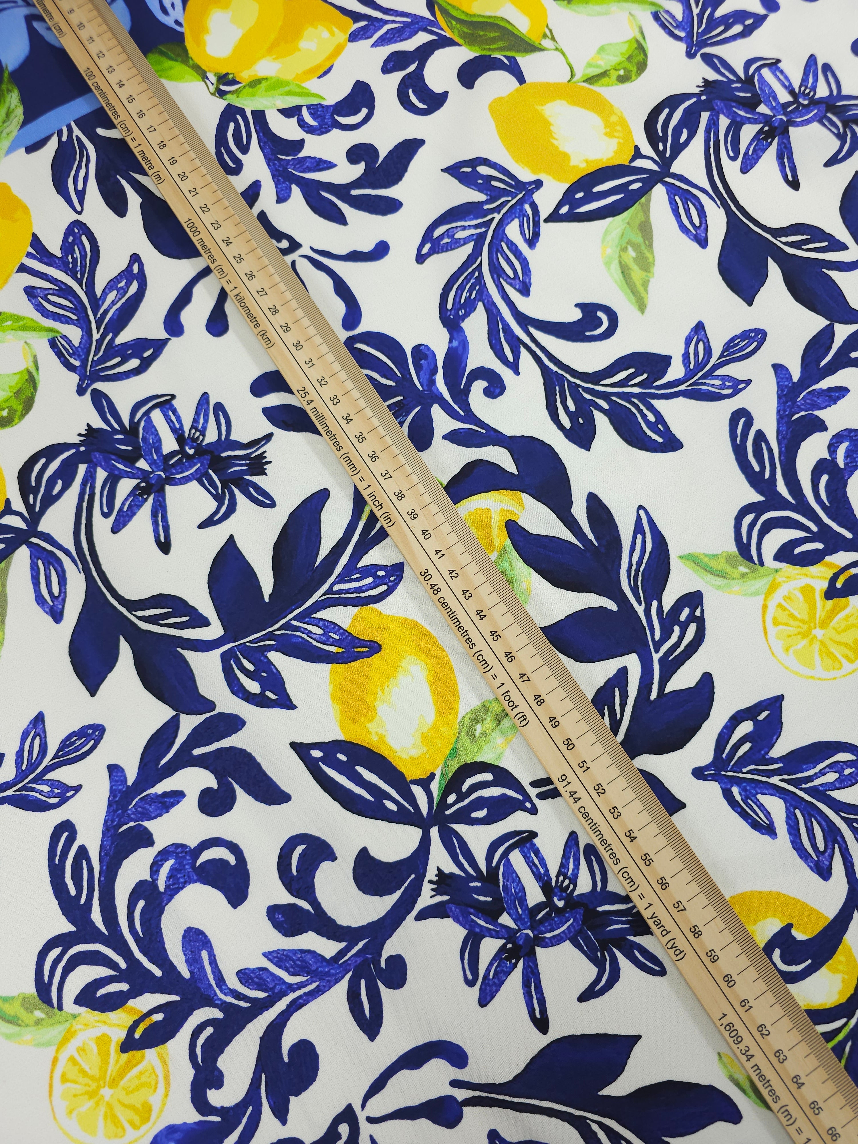 Blue/White Lemon Floral Lightweight Cotton - 1.75m Panel