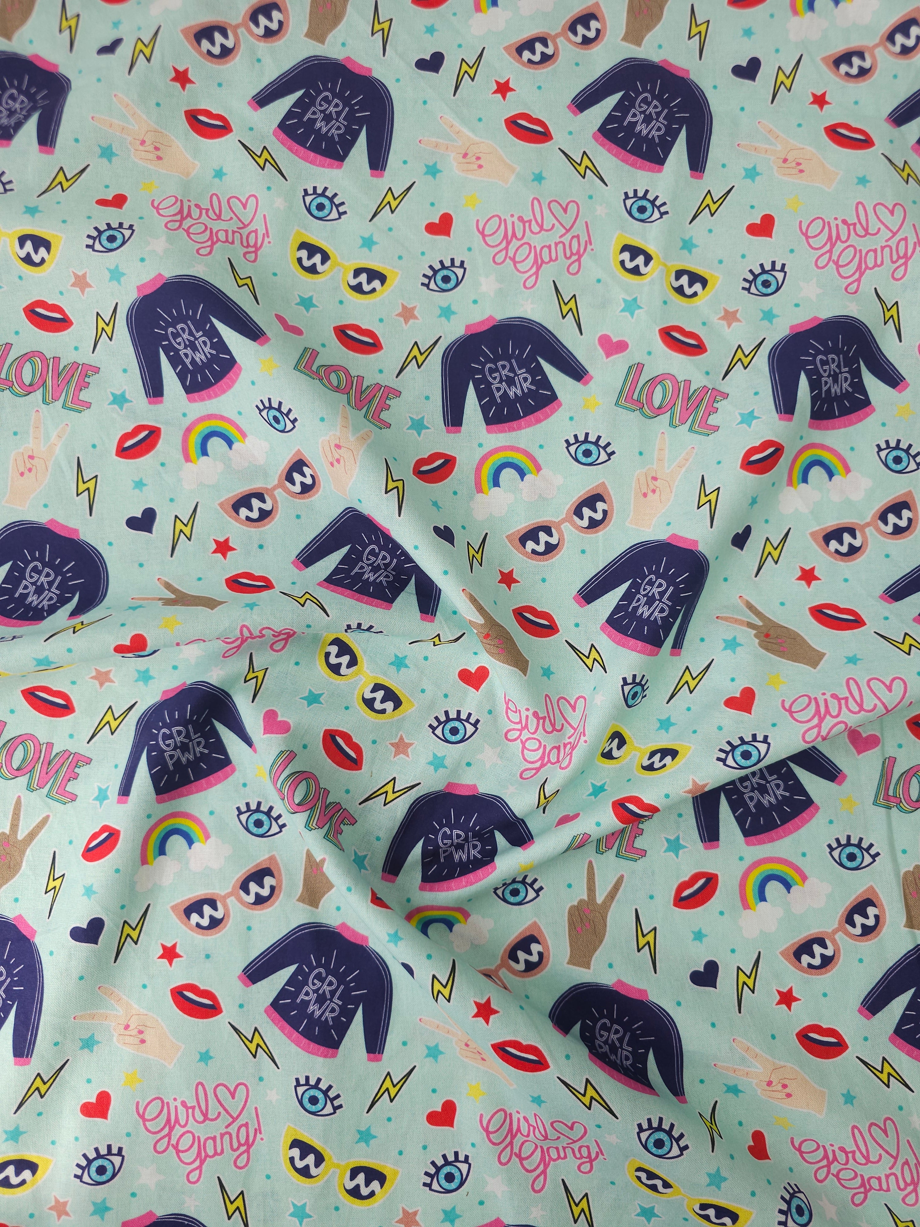 Minty Blue Girl Power 100% Cotton