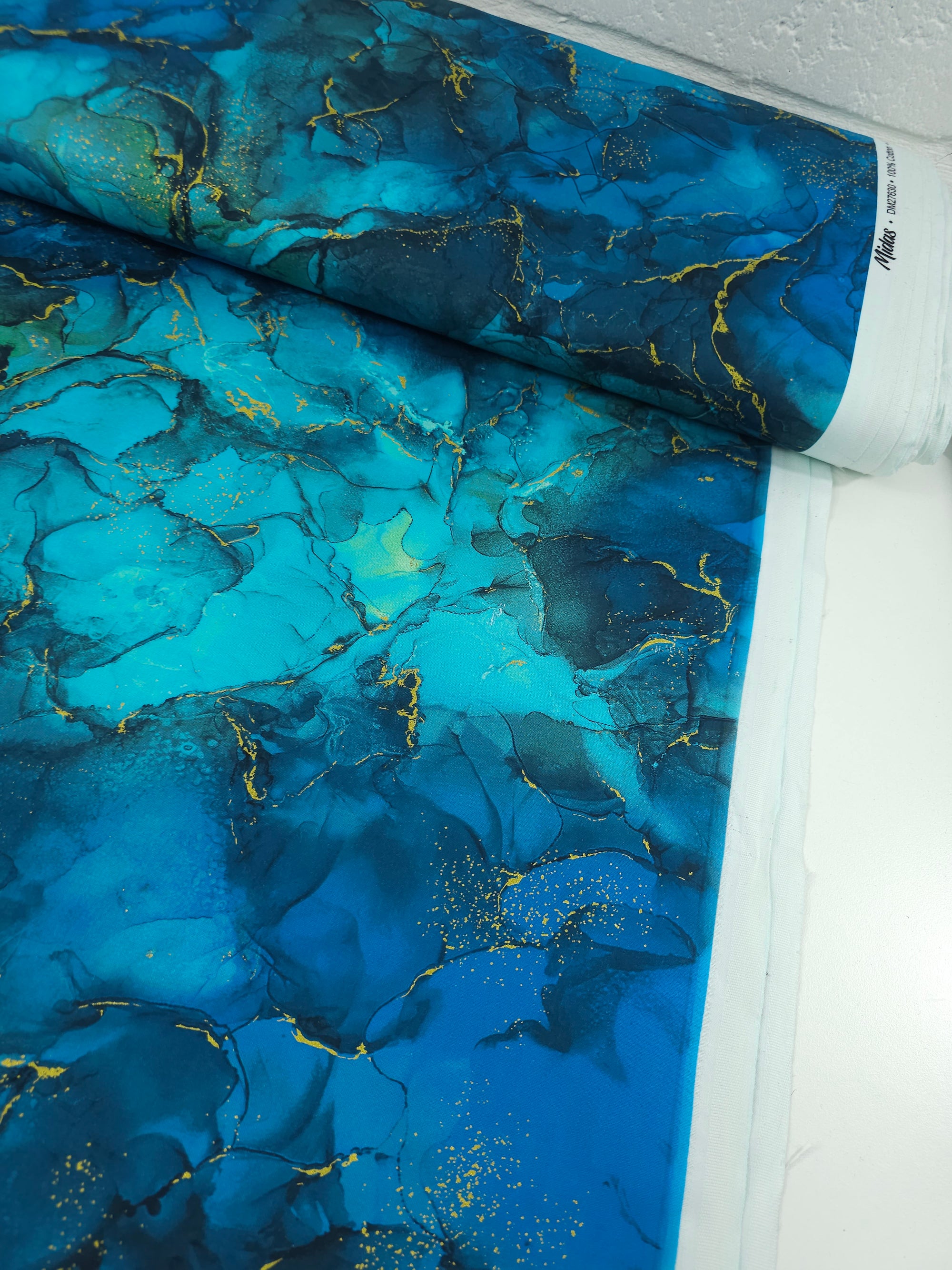 Teal Blue/Gold Marble 100% Cotton