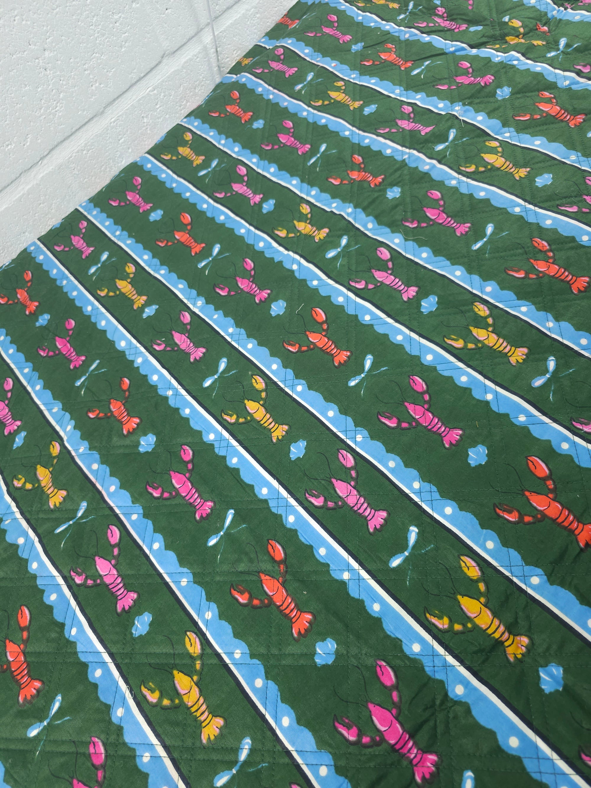Green Lobster Stripe Quilted Screen Print - 1.35m Piece