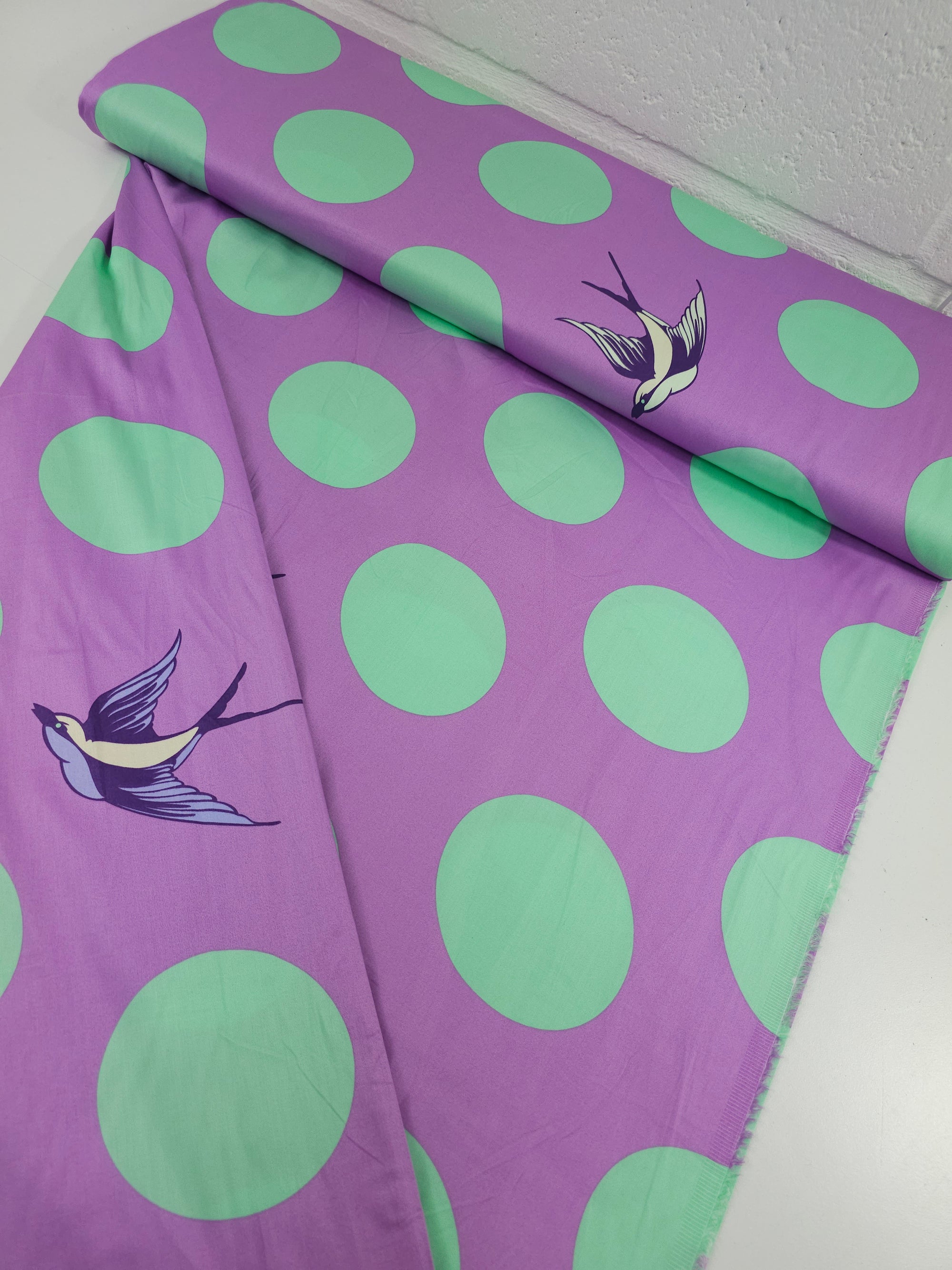 Purple/Mint Polka Free Fall Bird Polka Cotton Sateen 103" - Tula Pink *EXTRA WIDE*