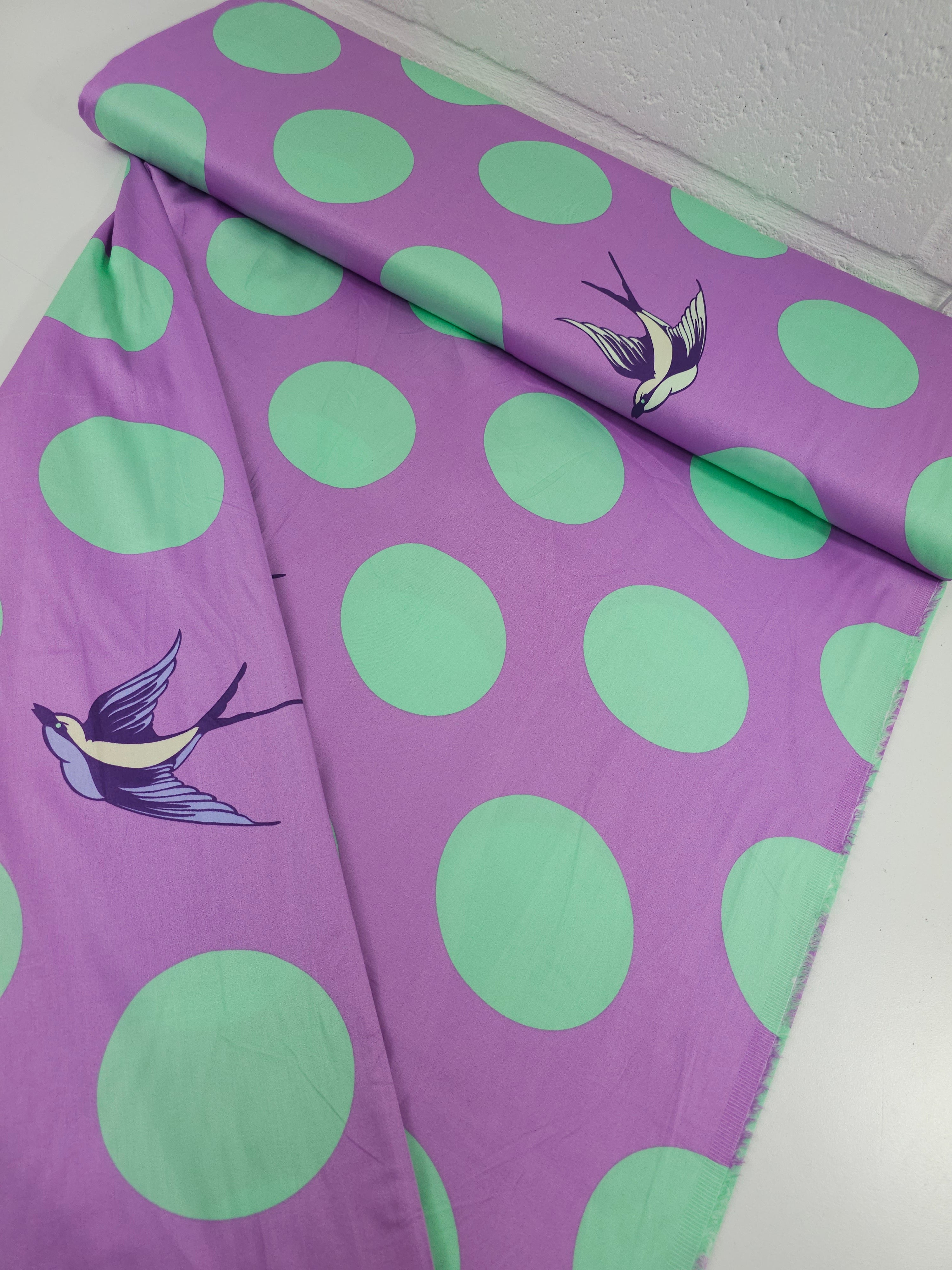 Purple/Mint Polka Free Fall Bird Polka Cotton Sateen 103" - Tula Pink *EXTRA WIDE*