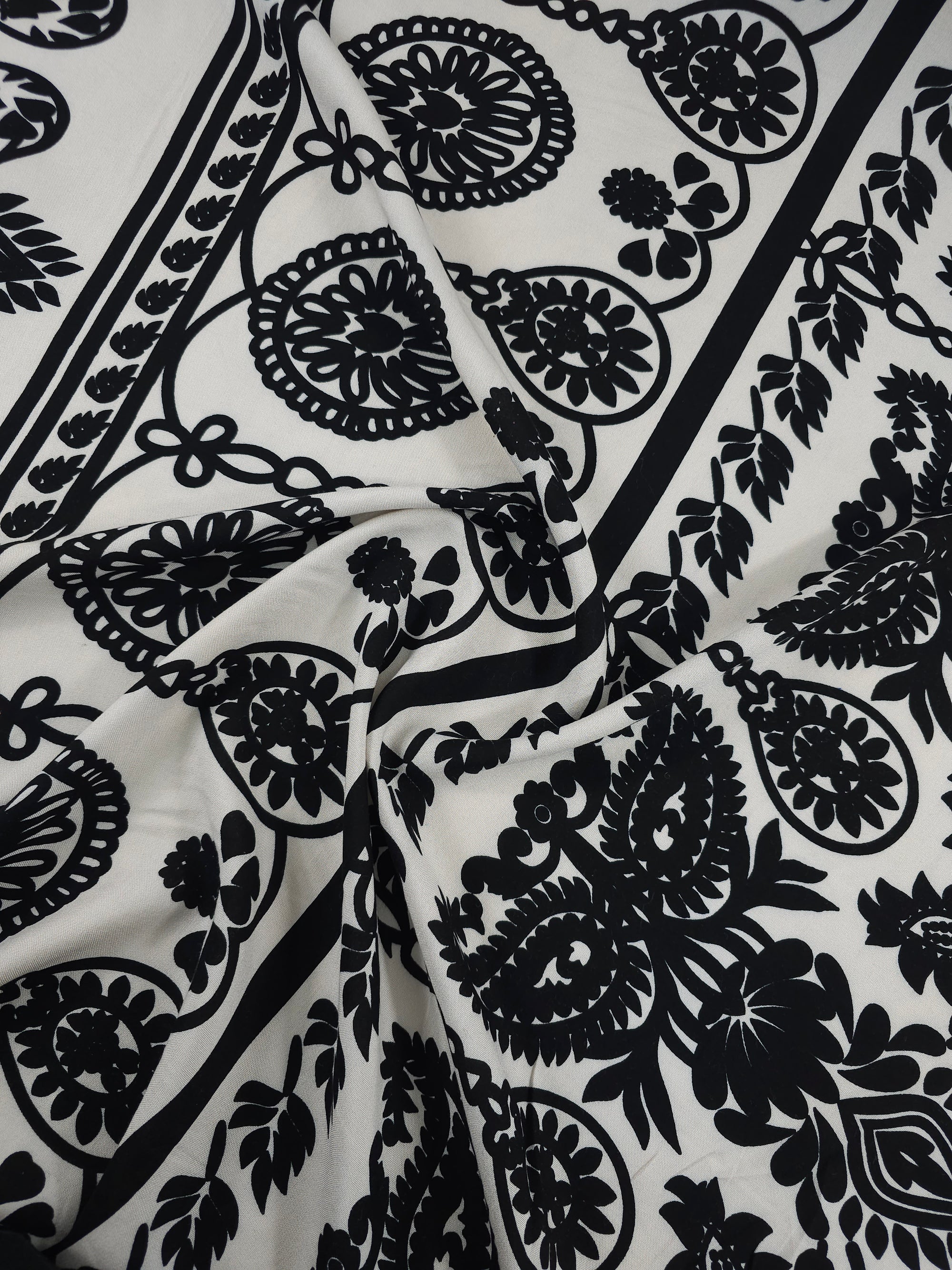 Beige/Black Masquerade Damask Viscose Challis