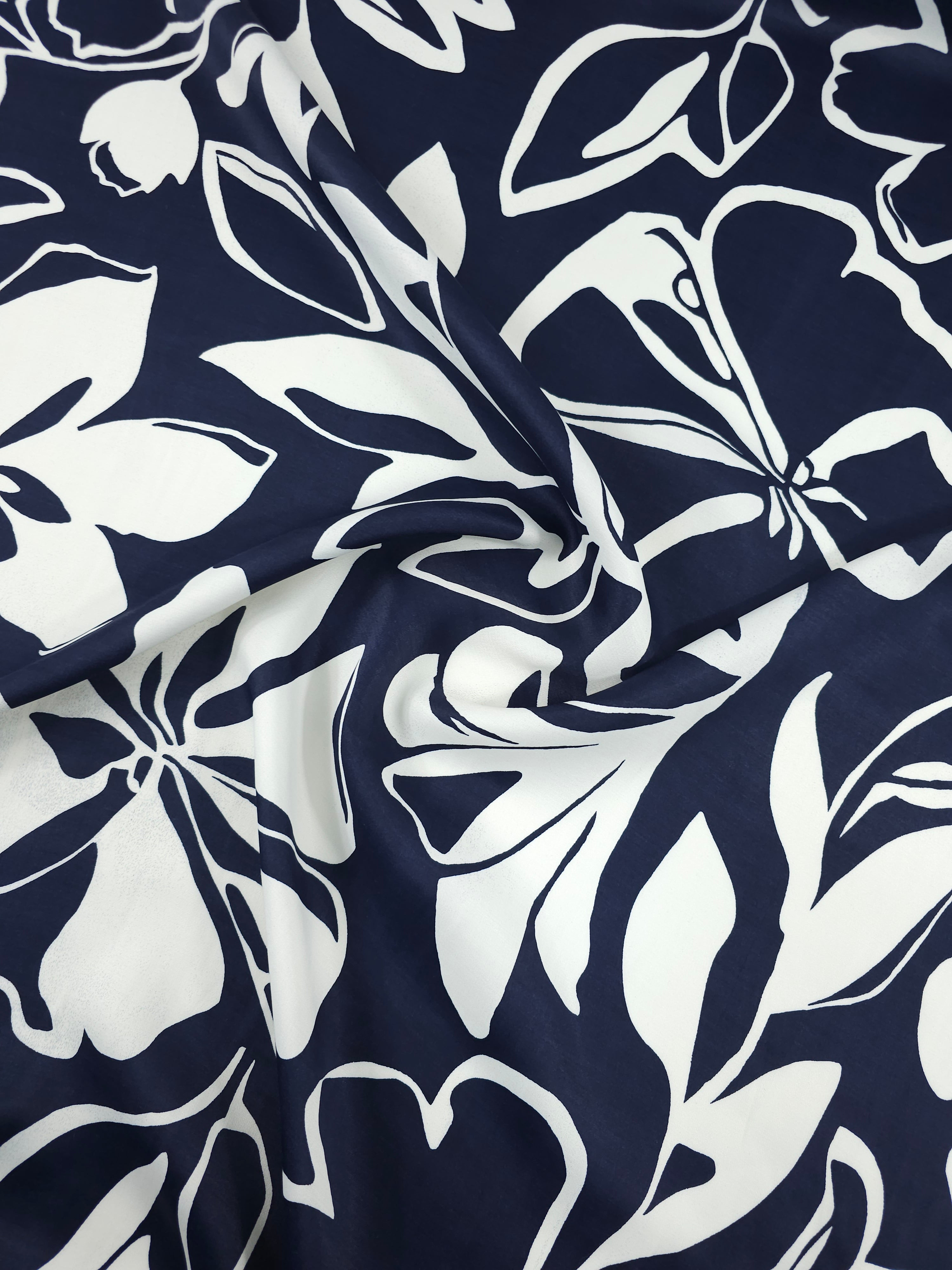 Navy/Off-White Sketch Floral Viscose Satin *DEFECT*