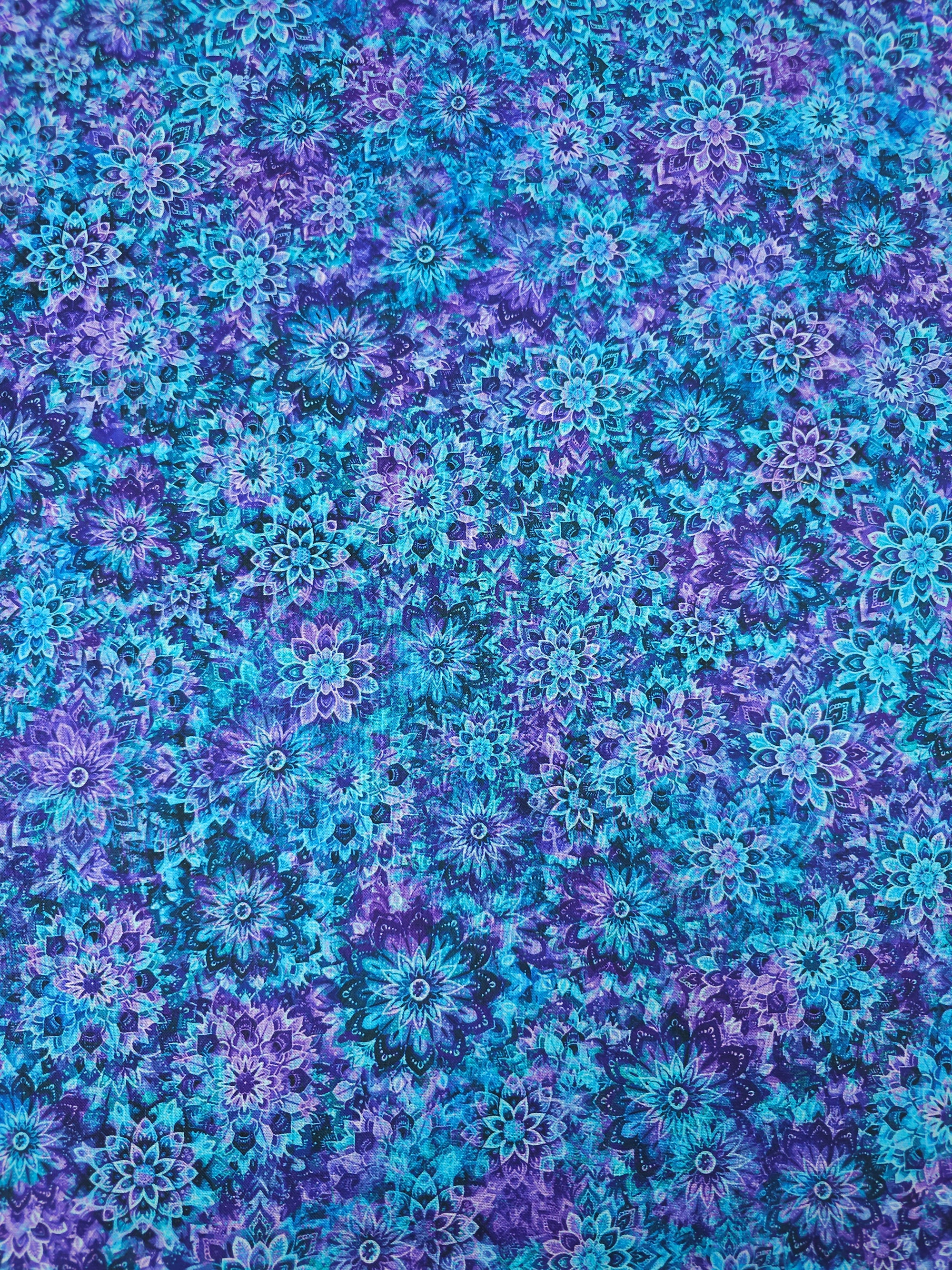Purple/Turquoise Dancing Dahlias Kaleidoscope 100% Cotton