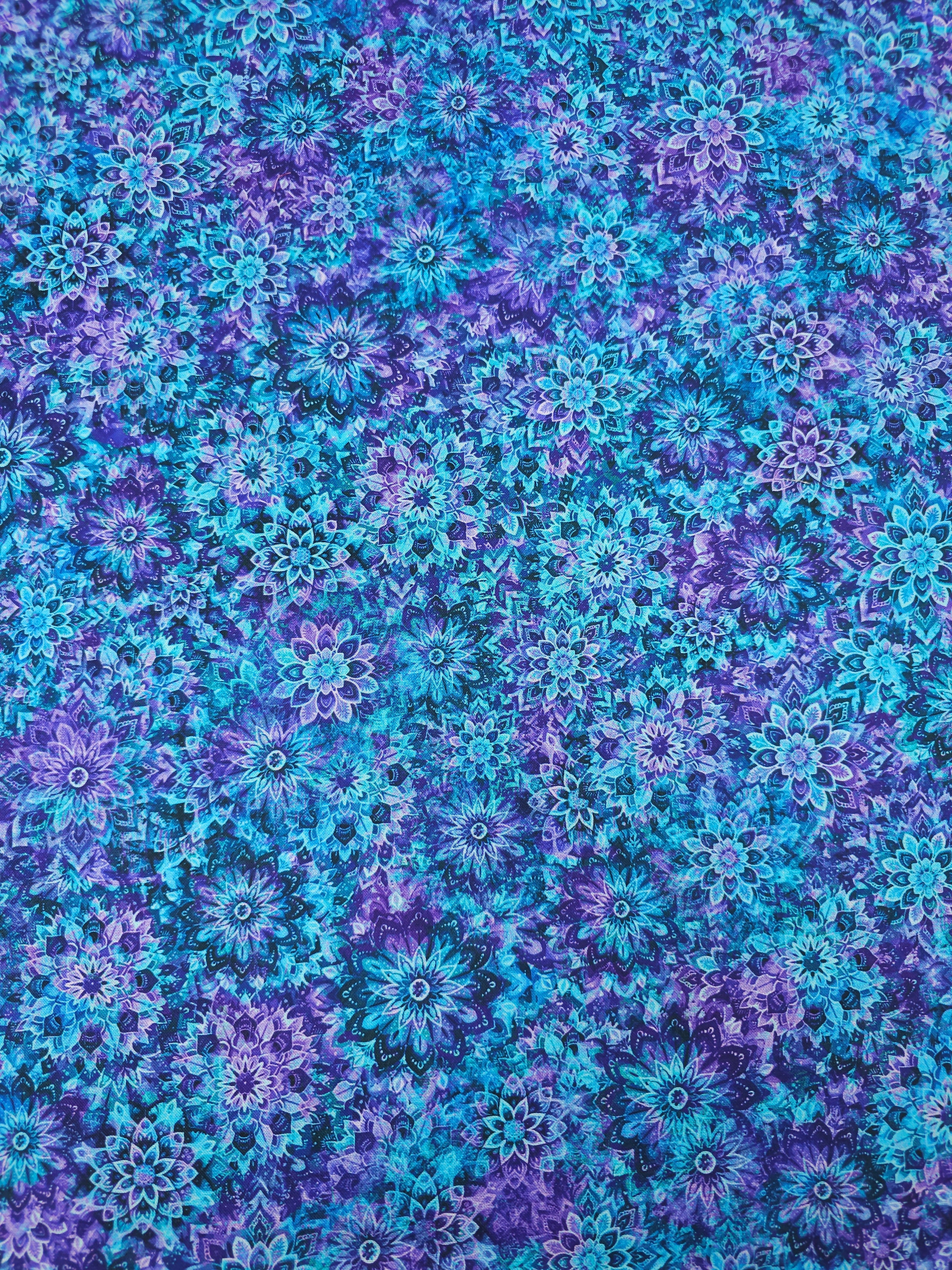 Purple/Turquoise Dancing Dahlias Kaleidoscope 100% Cotton