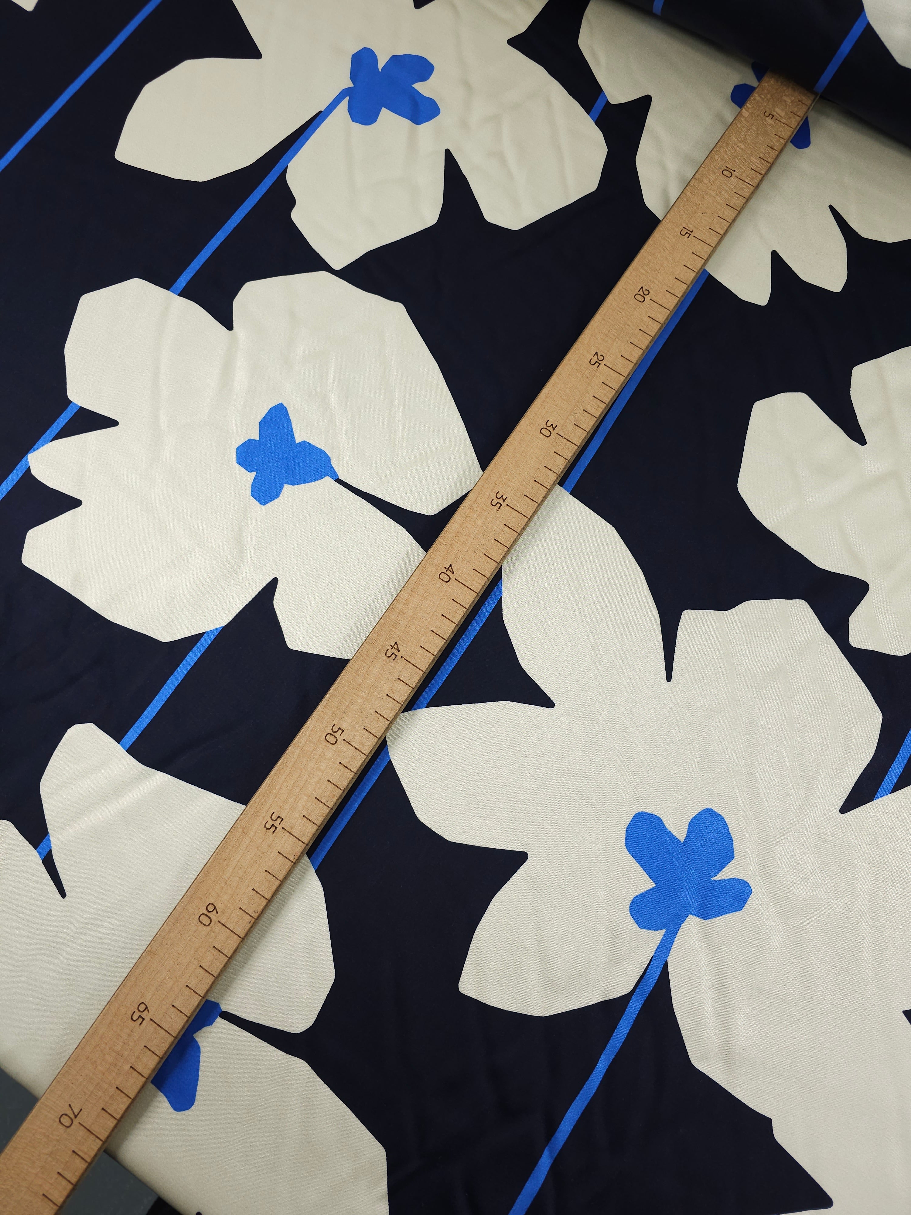 Navy Large Flower Stem Viscose Satin