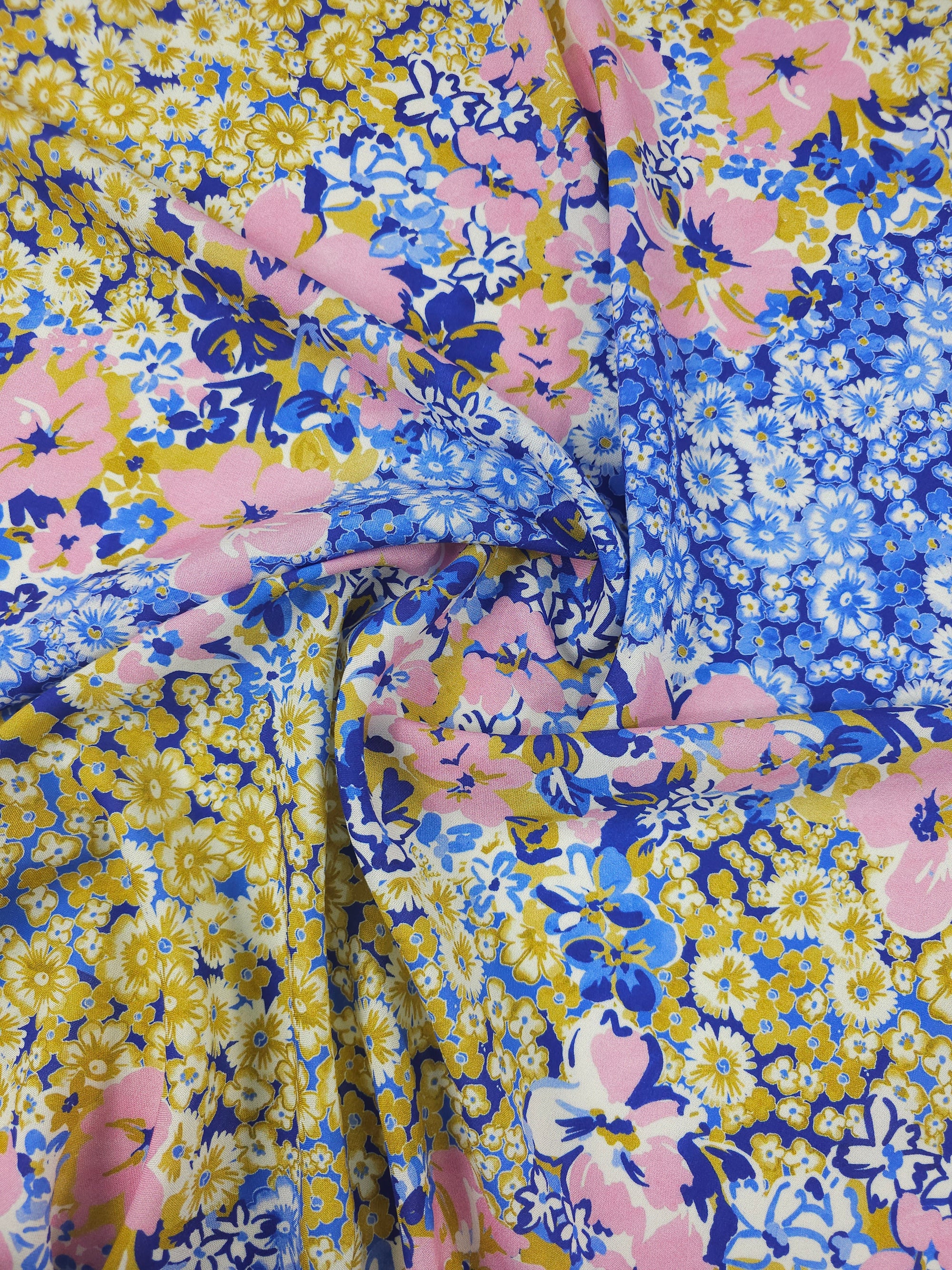 Blue/Marigold Daisy Blossom Viscose Challis