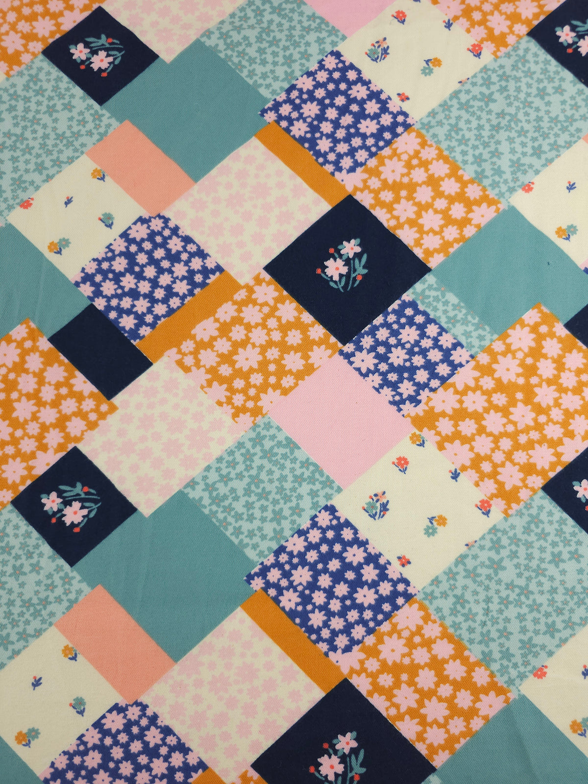 Soft Teal/Pink Patchwork Cotton Viscose
