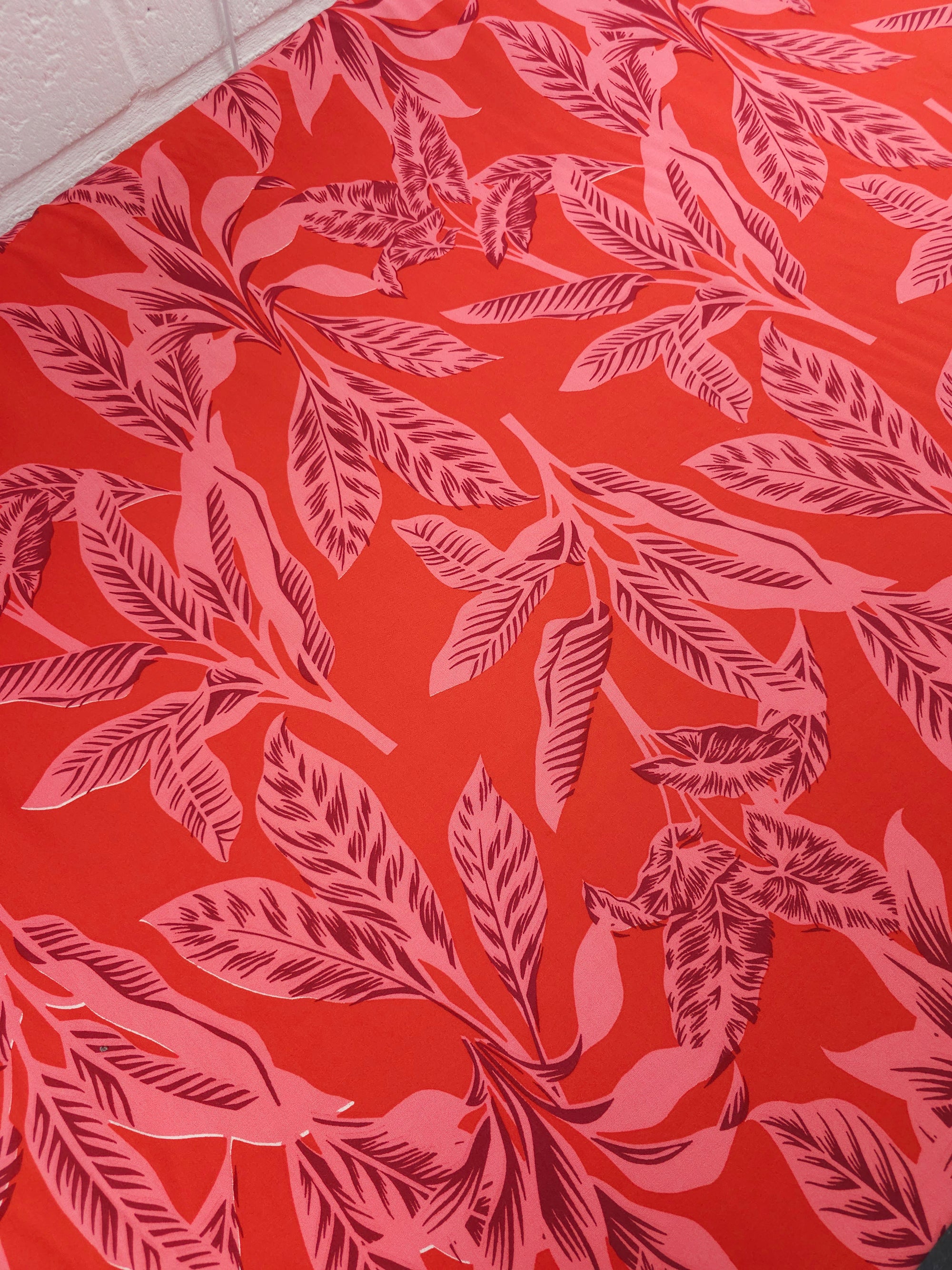 Pinky Mauve/Red Large Leaf Viscose Challis
