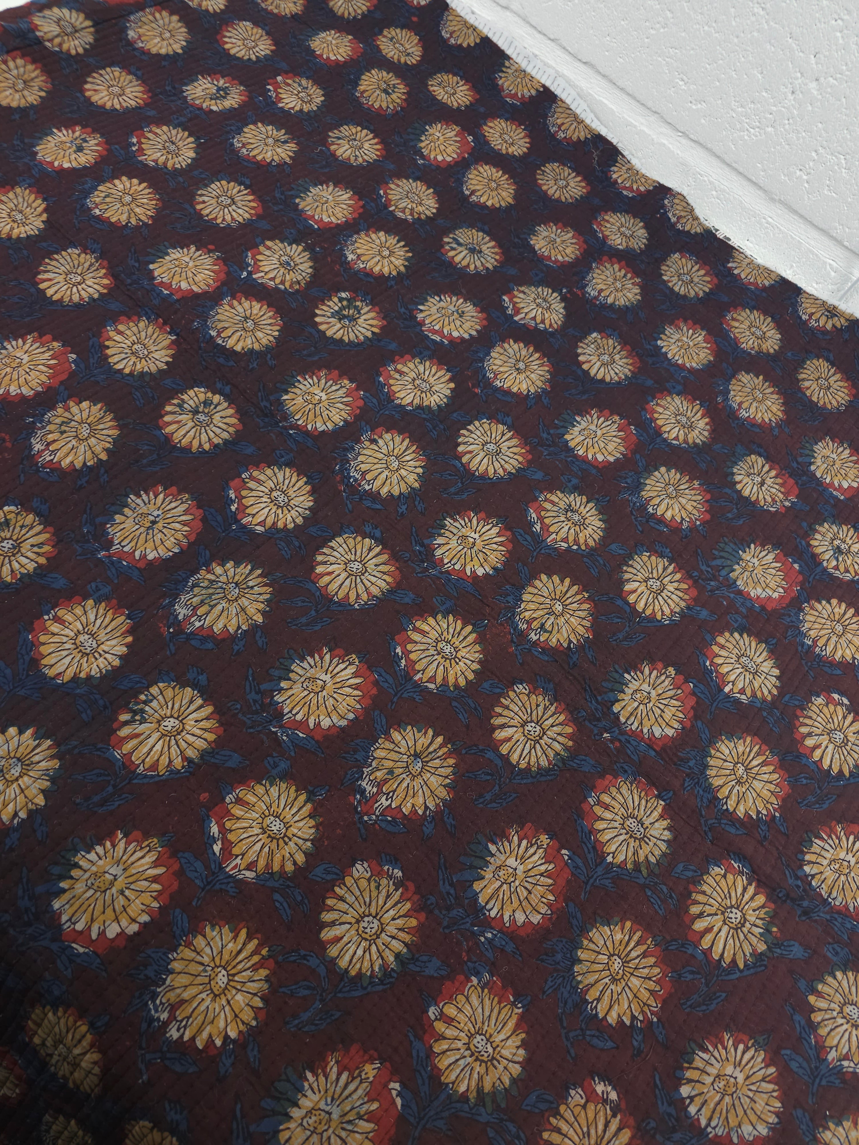 Deep Burgundy/Blue Ruffle Floral Quilted Block Print