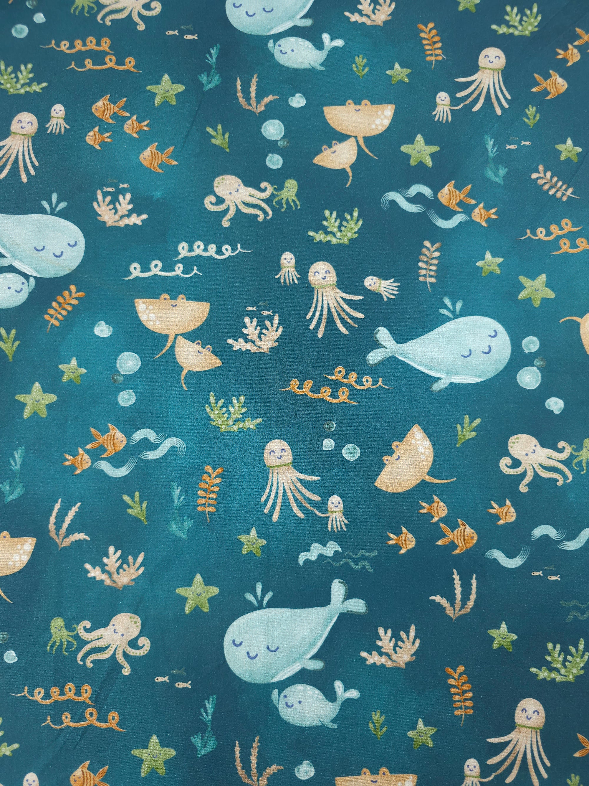 Teal Happy Sea Animals 100% Cotton 57"